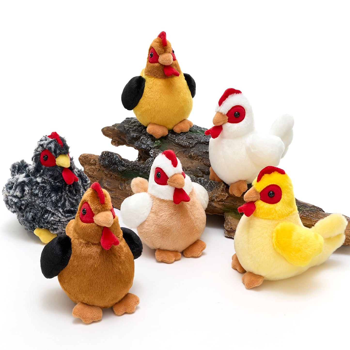 6 piece chicken plush toy set featuring soft realistic farm animal stuffed chickens in assorted colors, cute 6 inch plush toys for kids, gifts, Easter baskets, and animal lovers