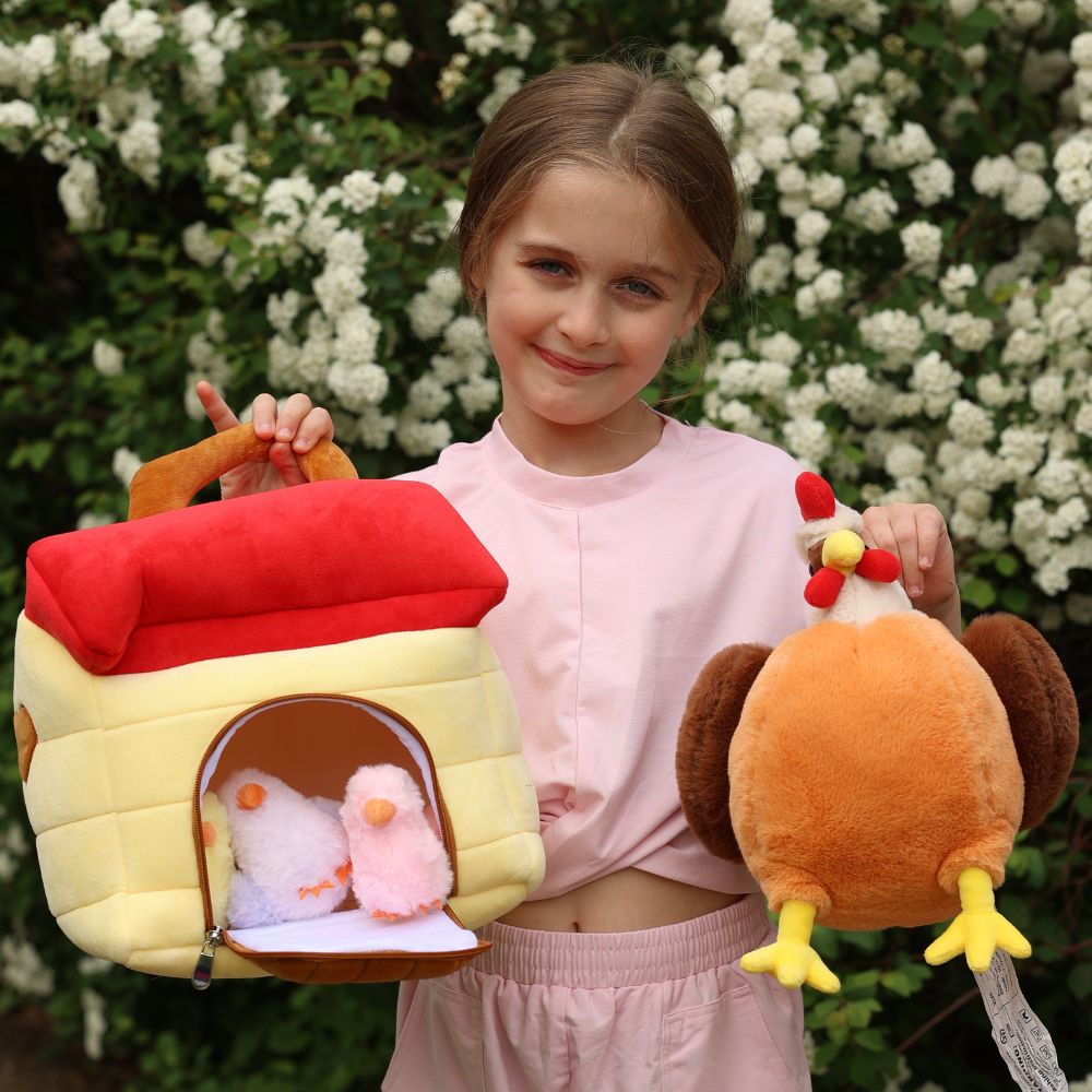 Big Chicken Plush Set with 3 Chicks 1 Egg and Coop