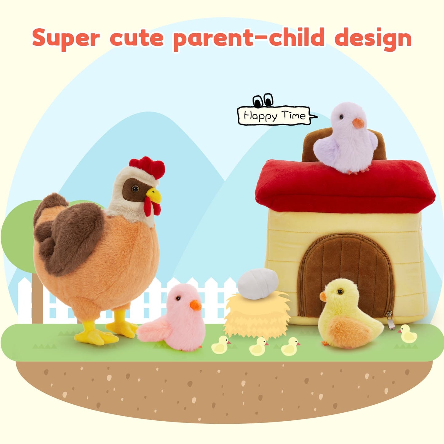 6 Pcs Chicken Stuffed Animals - Big Chicken, Three Chicks, An Egg and A Chicken Coop Plush Toy Set - Farm Chicken Stuffies -  Birthday/Christmas/Baby Shower/Easter Gifts for Kids - MorisMos Stuffed Animals