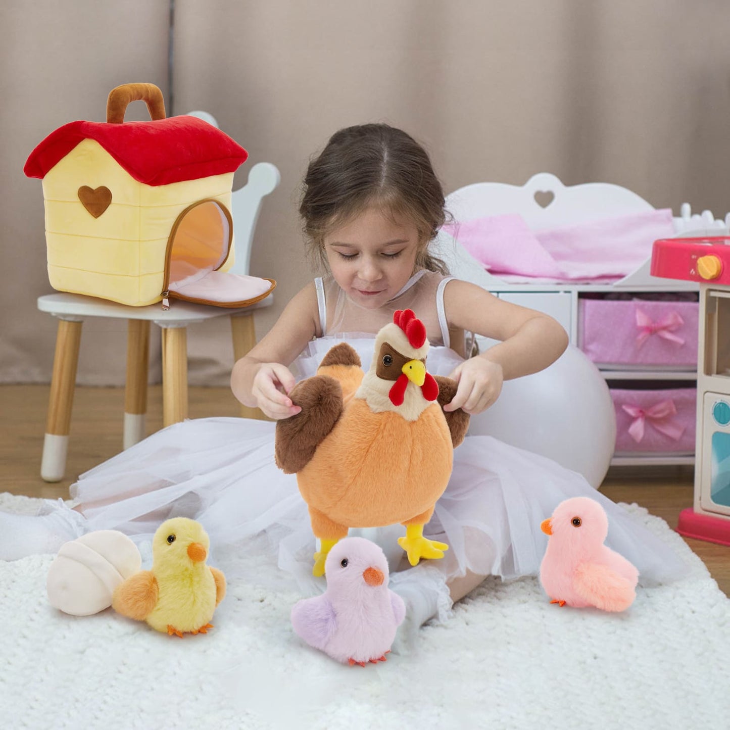 6 Pcs Chicken Stuffed Animals - Big Chicken, Three Chicks, An Egg and A Chicken Coop Plush Toy Set - Farm Chicken Stuffies -  Birthday/Christmas/Baby Shower/Easter Gifts for Kids - MorisMos Stuffed Animals