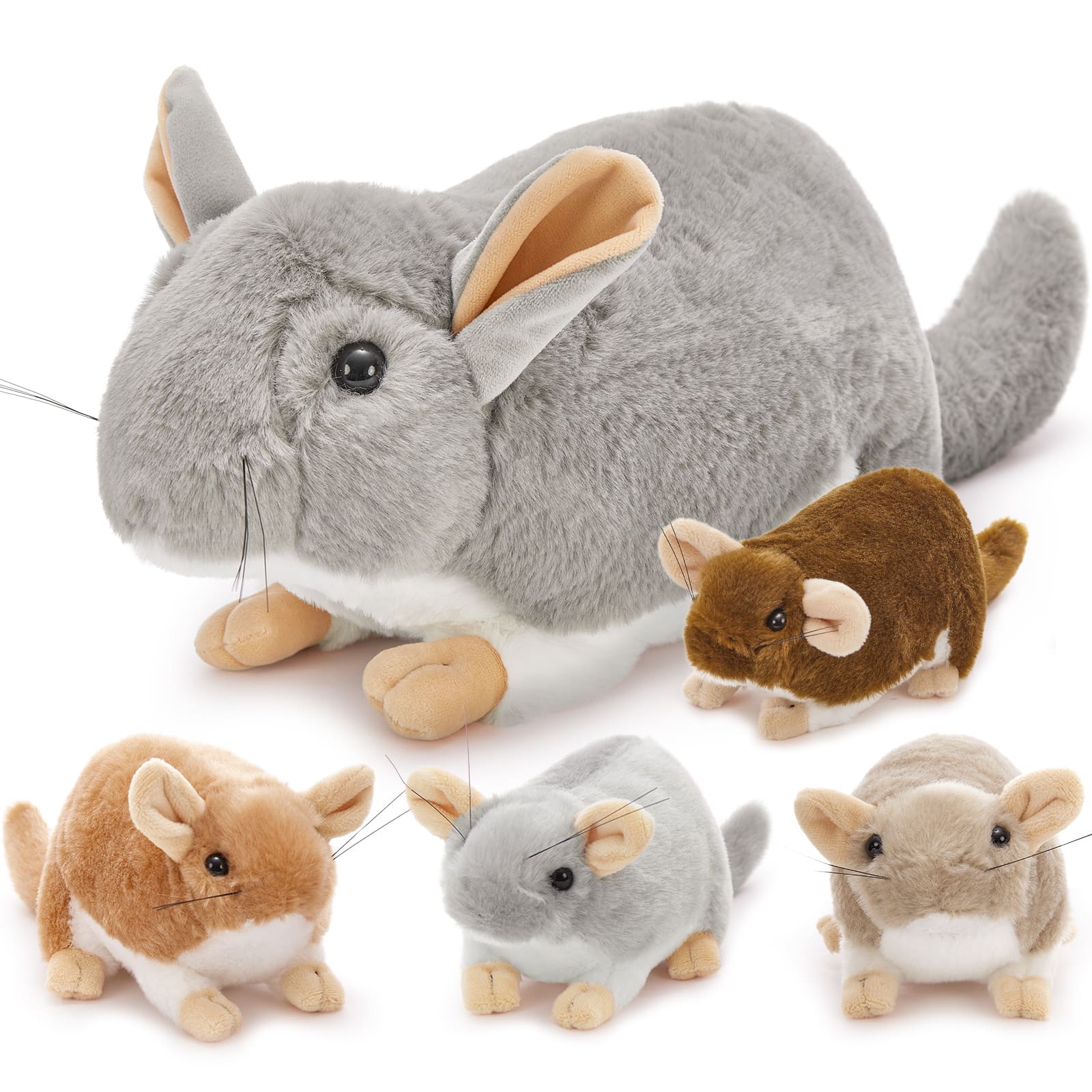 Chinchilla Plush Toys - 5 Pcs Mouse Stuffed Animals - Grey Rat Plush Dolls - 19.6 Inch Big Rat Plush - Stuffed Animals with Babies in the Belly - Stuffed Animal Babies with Their Mom - Cute Birthday/Christmas Gift for Girls Boys