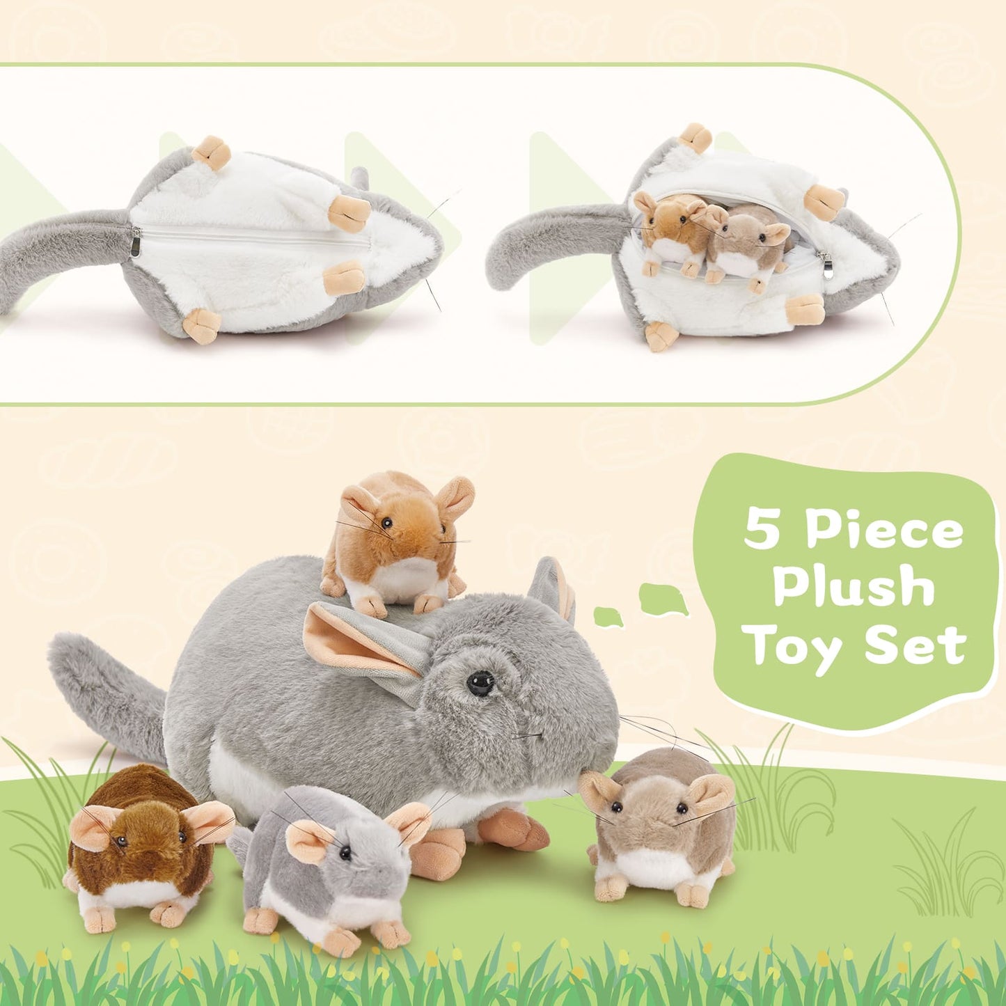 Chinchilla Plush Toys - 5 Pcs Mouse Stuffed Animals - Grey Rat Plush Dolls - 19.6 Inch Big Rat Plush - Stuffed Animals with Babies in the Belly - Stuffed Animal Babies with Their Mom - Cute Birthday/Christmas Gift for Girls Boys