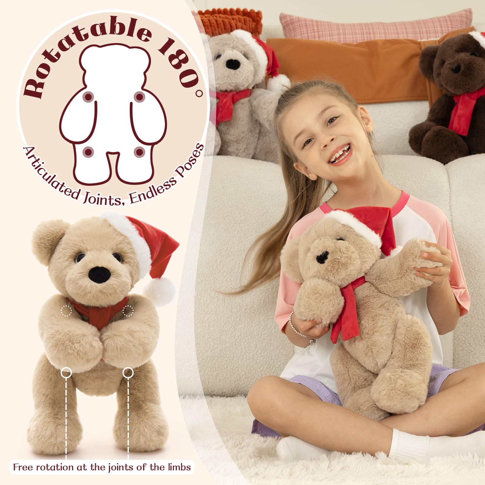 Christmas Teddy Bear Plush Toy, Brown/Dark Brown/White, 13.78 Inches