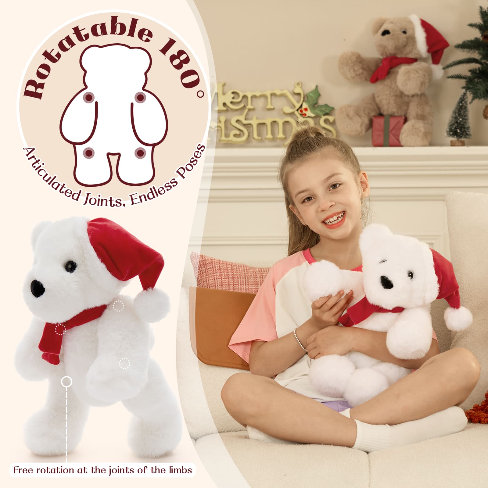 Christmas Teddy Bear - Christmas Soft Toys - A 14-inch White Bear Wears A Christmas Hat and Scarf - Teddy Bear Shop Near Me - Christmas Soft Toys - Christmas Gift Ideas - MorisMos Teddy Bears