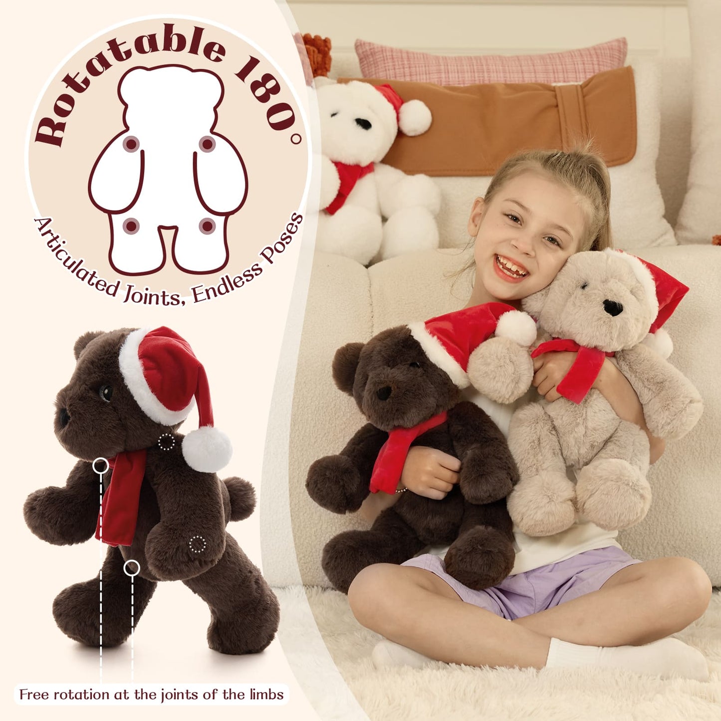 Christmas Teddy Bear - Christmas Soft Toys - A 14-inch Dark Brown Bear Wears A Christmas Hat and Scarf - Teddy Bear Shop Near Me - Christmas Soft Toys - Christmas Gift Ideas - MorisMos Teddy Bears