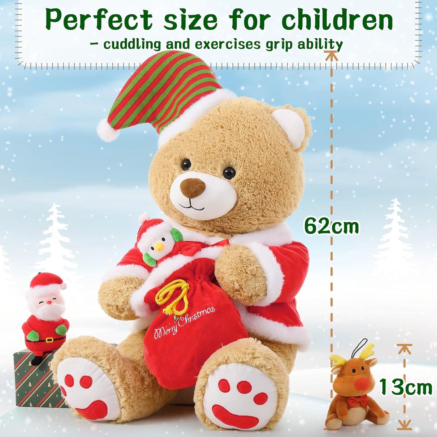 Christmas Teddy Bear Plush Toys - Christmas Home Decorations - Santa Claus Snowman Stuffed Toys - Christmas Gift Ideas - Festive and Christmas Holidays Season Plush with Plush Bag - Christmas Plushies - Ideal Christmas Stuffed Animals Gift for Toddlers, Kids & Teens