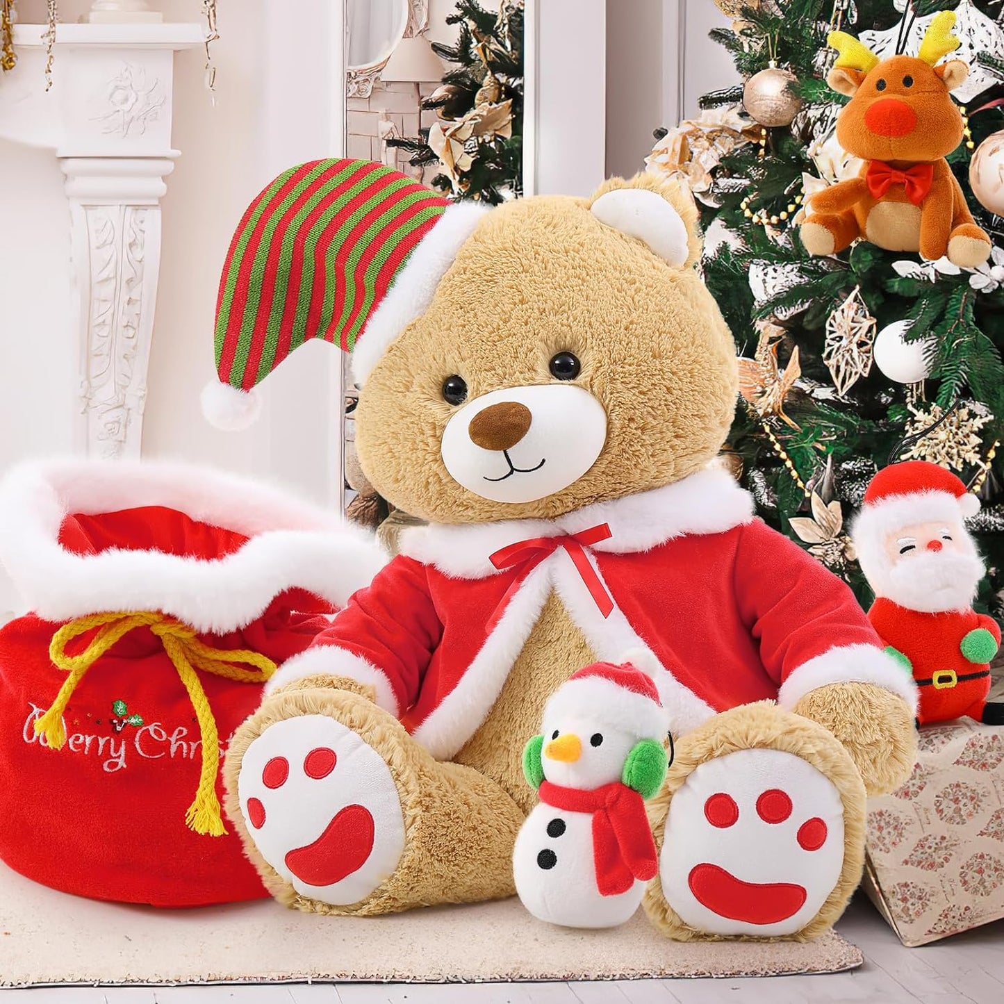 Christmas Teddy Bear Plush Toys - Christmas Home Decorations - Santa Claus Snowman Stuffed Toys - Christmas Gift Ideas - Festive and Christmas Holidays Season Plush with Plush Bag - Christmas Plushies - Ideal Christmas Stuffed Animals Gift for Toddlers, Kids & Teens