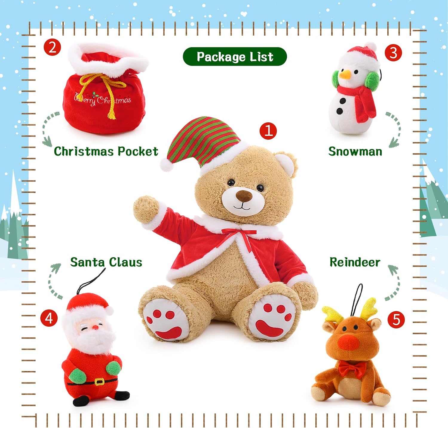 Christmas Teddy Bear Plush Toys - Christmas Home Decorations - Santa Claus Snowman Stuffed Toys - Christmas Gift Ideas - Festive and Christmas Holidays Season Plush with Plush Bag - Christmas Plushies - Ideal Christmas Stuffed Animals Gift for Toddlers, Kids & Teens