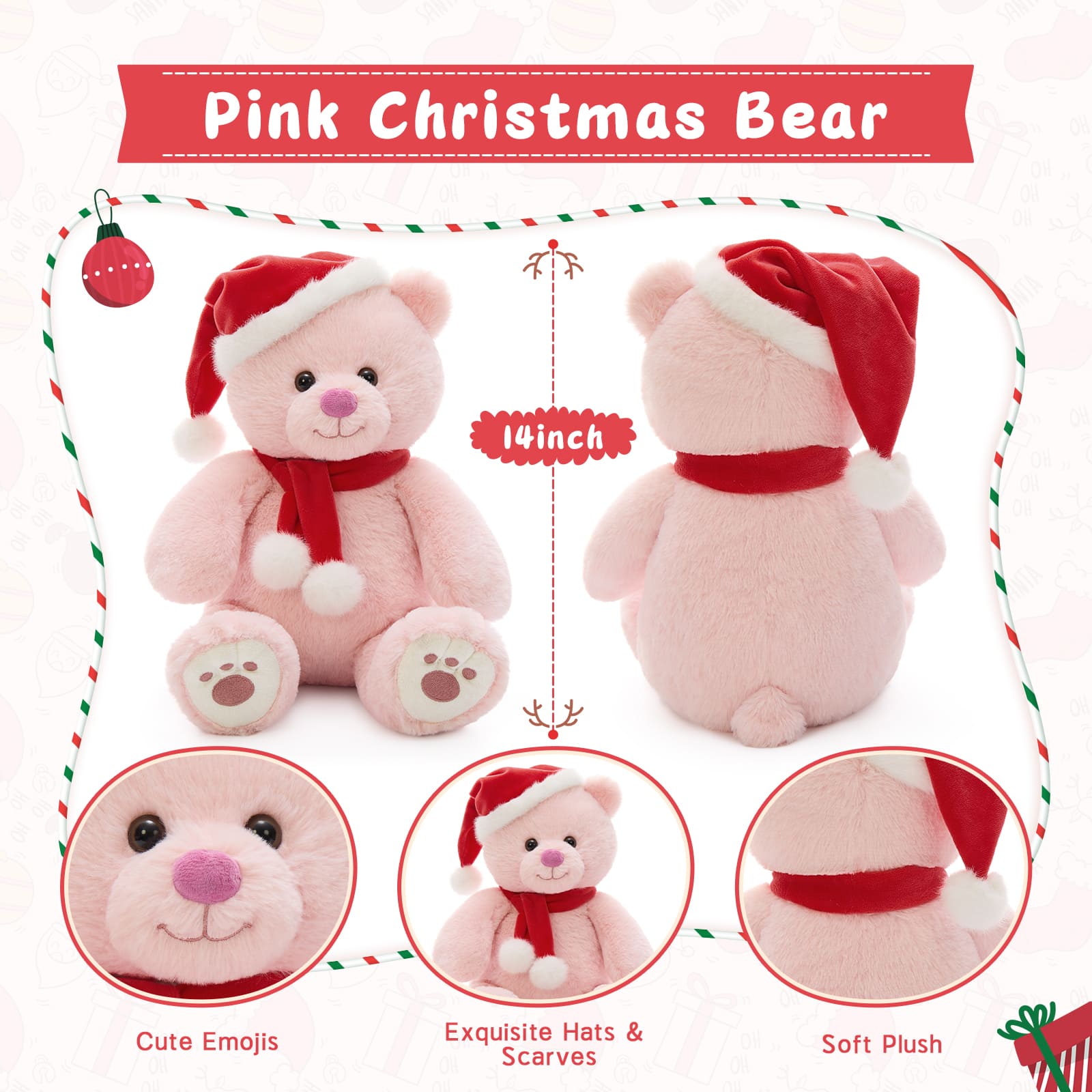 Christmas Teddy Bear Plush Toys, Brown/Pink, 14 Inches