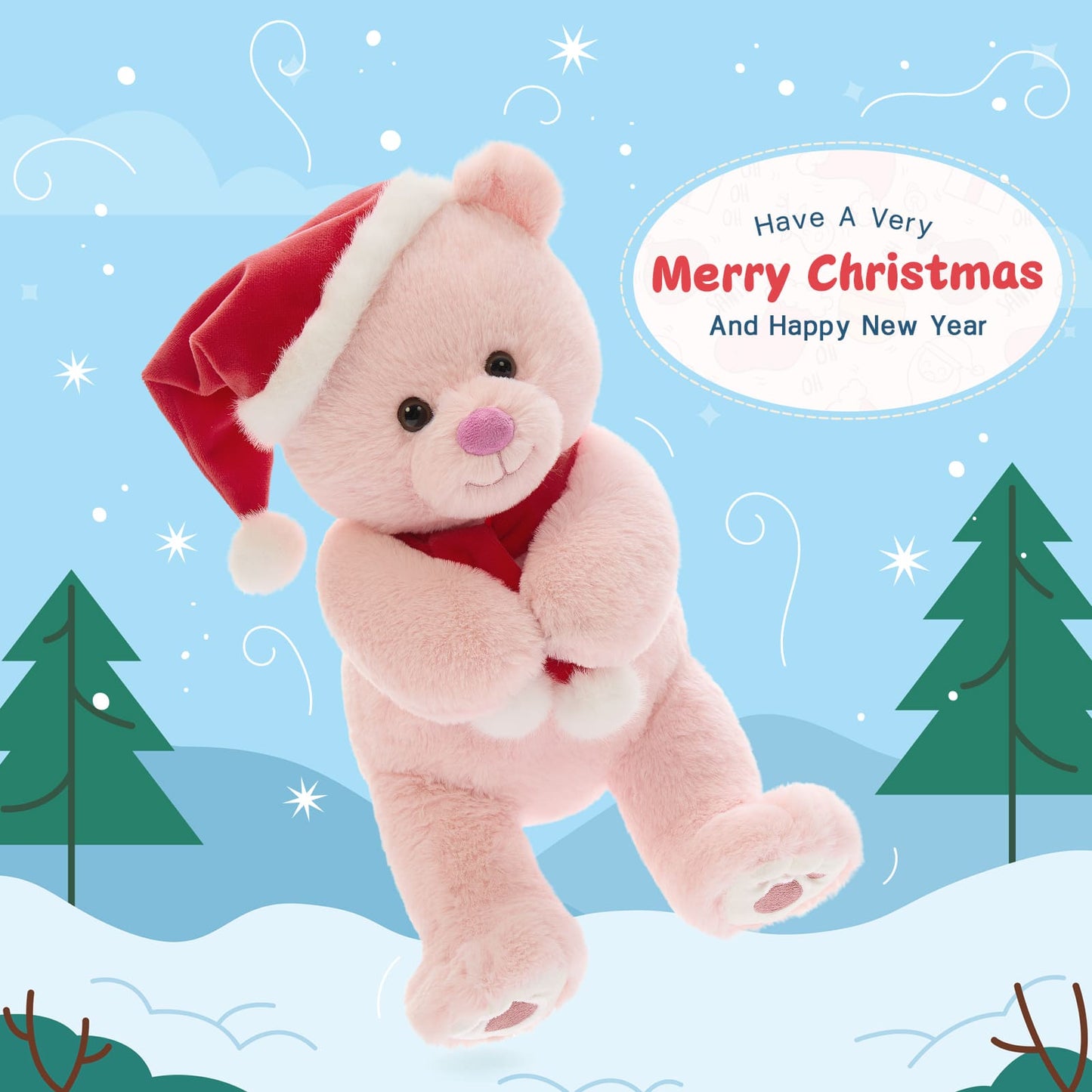 Christmas Teddy Bear Plush Toys - 14 Inches Pink Xmas Teddy Bear - Christmas Present for All Ages