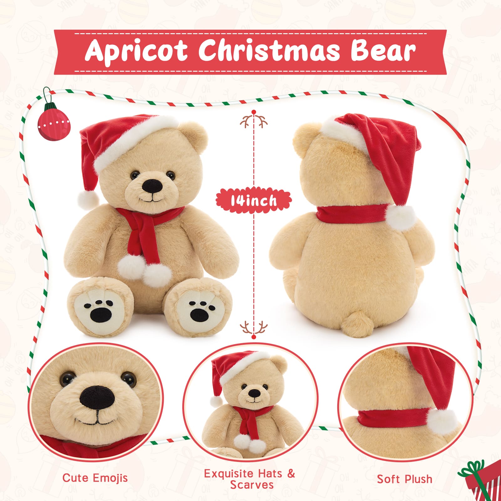 Christmas Teddy Bear Plush Toys, Brown/Pink, 14 Inches