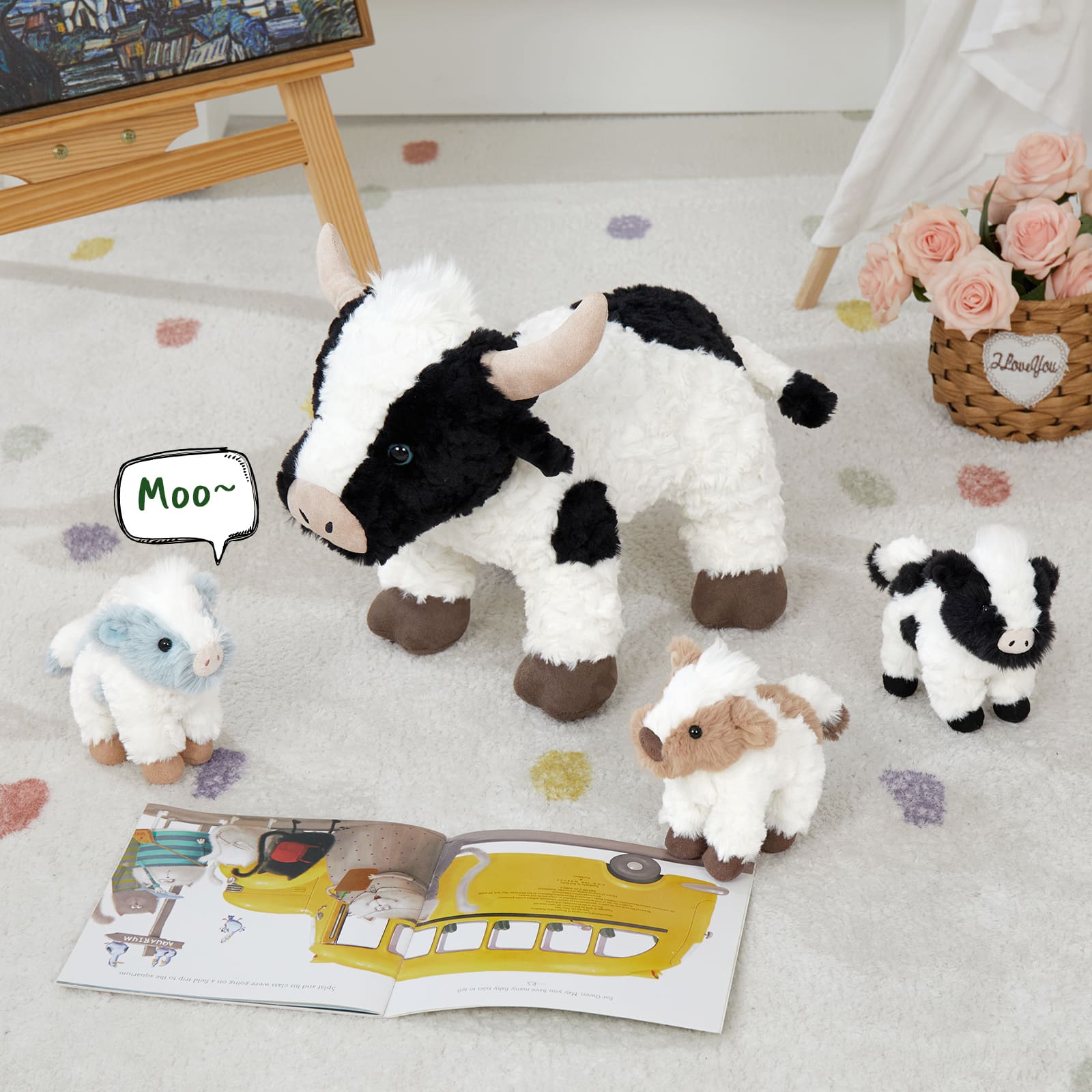 MorisMos 4 Pcs Cow Plush Toy Set, Mommy Cow Stuffed Animal with 3 Adorable Calf Babies in Mom's Belly, 20" Soft Farm Animal for Girls Boys Kids, Christmas Birthday Gift 
