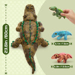 Plush dinosaur toys of different sizes with measurements on a light green background