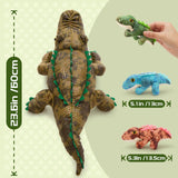 Plush dinosaur toys of different sizes with measurements on a light green background