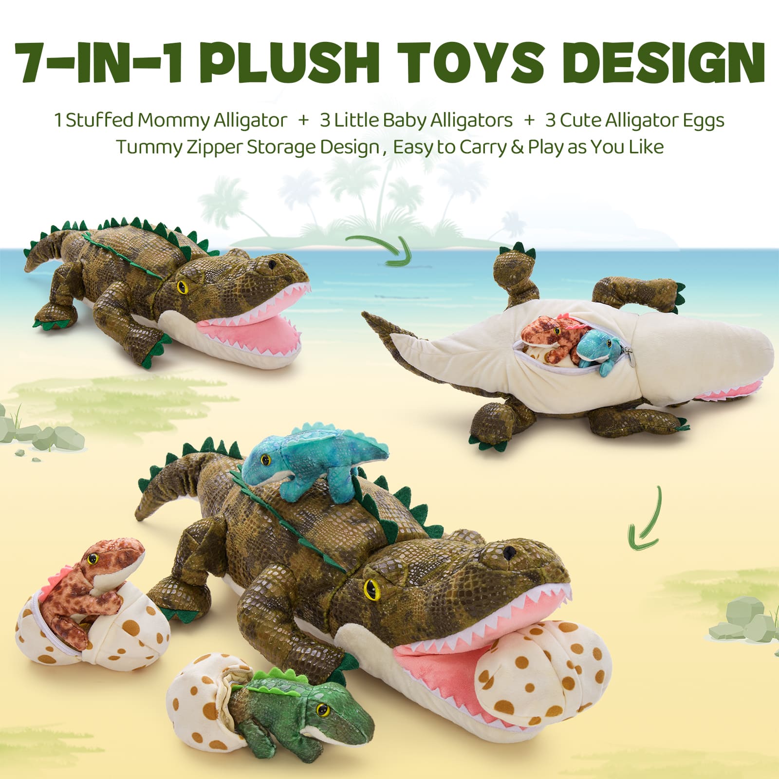 Set of plush alligator toys with eggs on a beach background