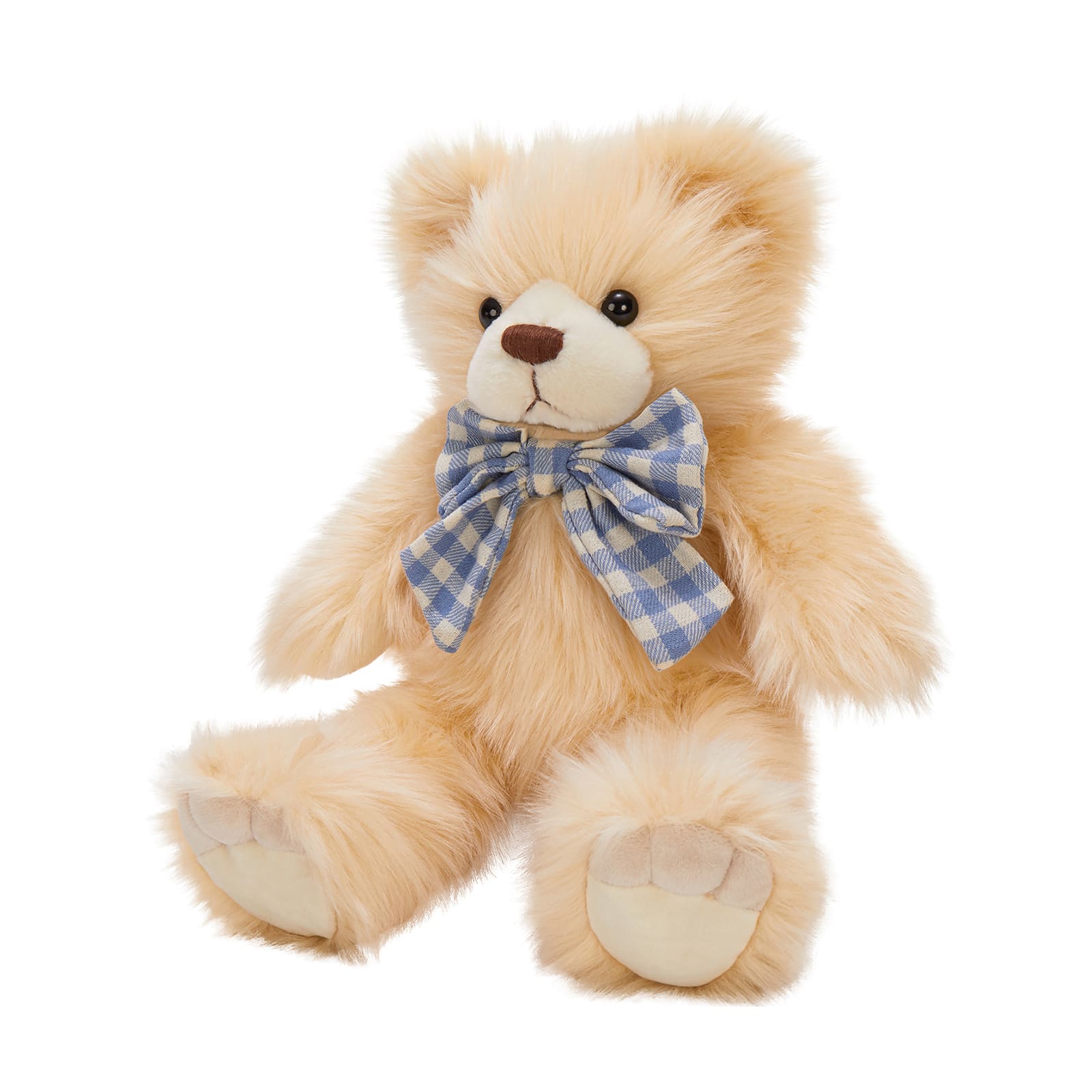 14 Inch Long Fur Teddy Bear Plush Toy with Plaid Bow