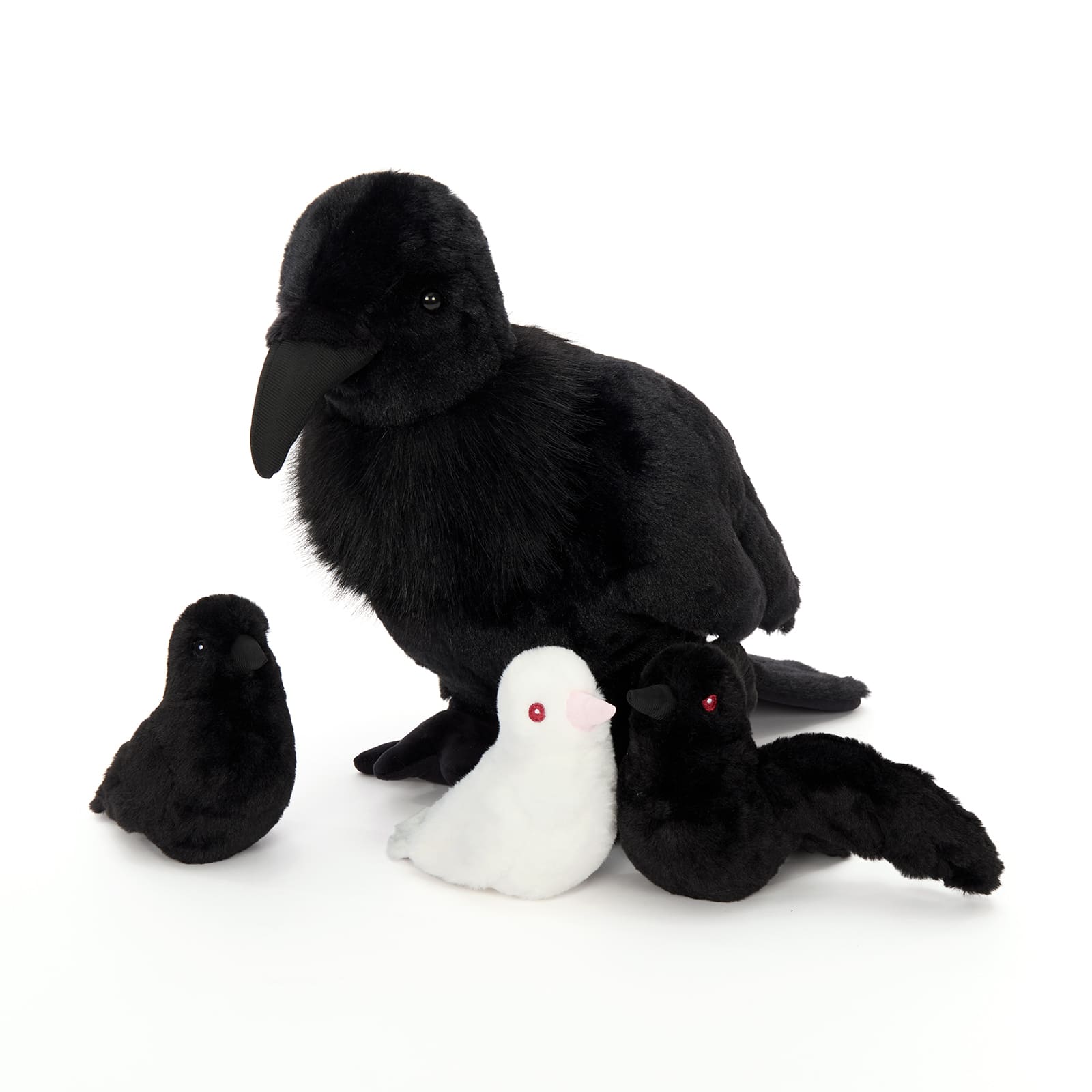 Realistic Crow Plush Toy Set with Three Squeaky Baby Crows