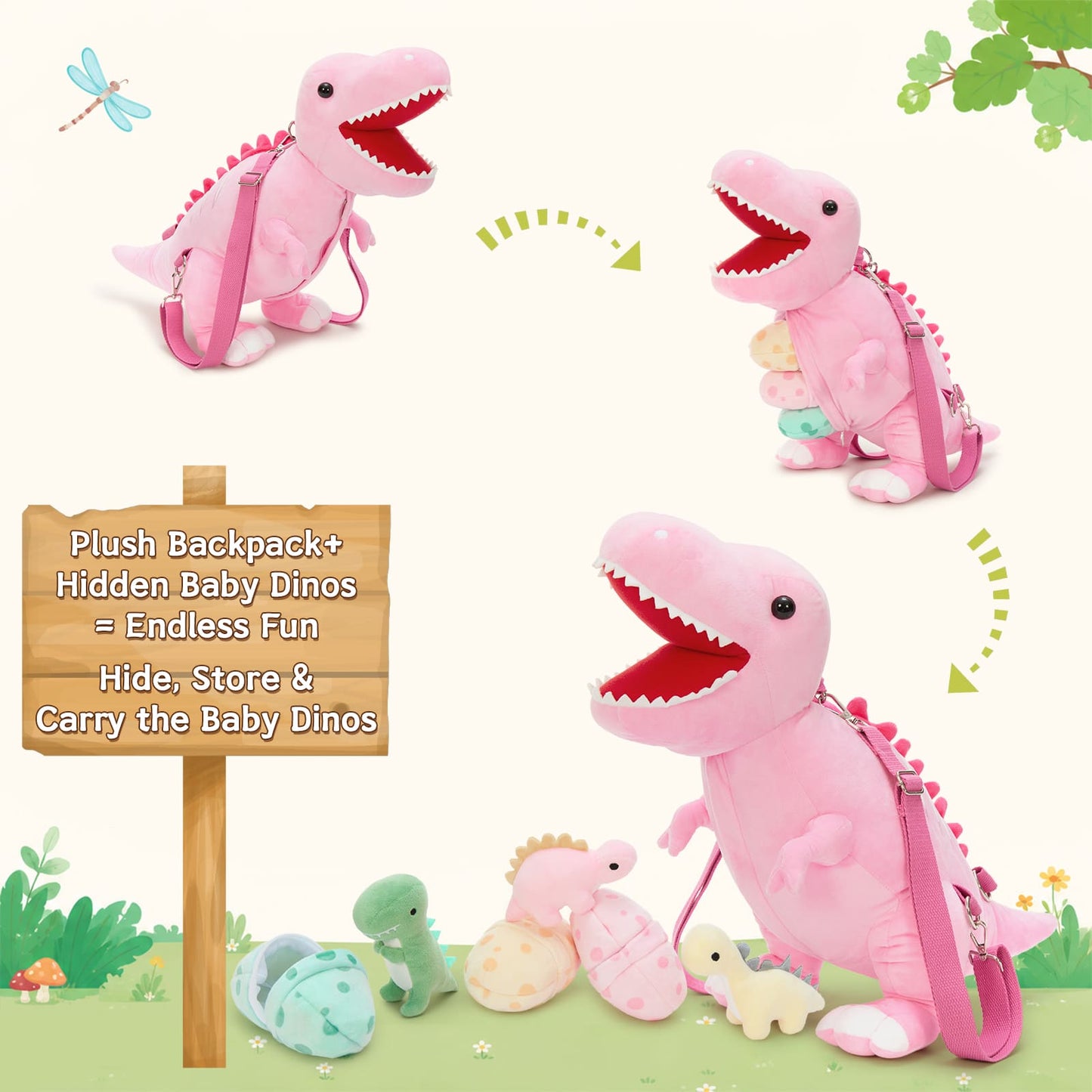 Cute pink T-Rex plush backpack for toddlers featuring removable mini dinosaur plush toys and dinosaur egg accessories