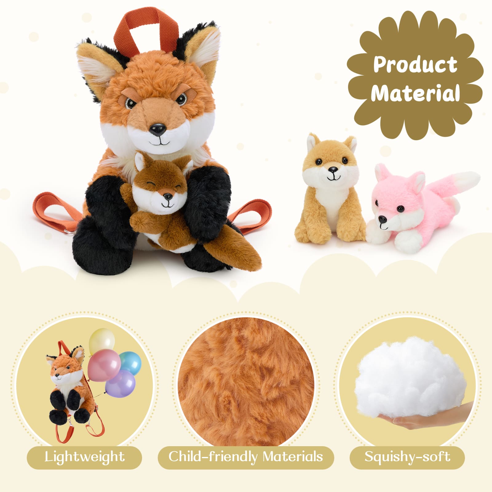Fox Plush Backpack with Three Mini Fox Plushies Inside