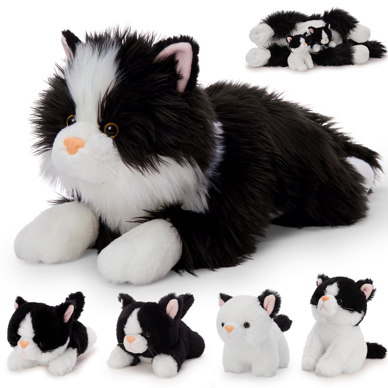 5 Pcs Cat Stuffed Animals Set, 20 inch Large Realistic Stuffed Cat with 4 Cute Kittens Baby, Soft Black and White Ragdoll Plush Pillow for Boys Girls