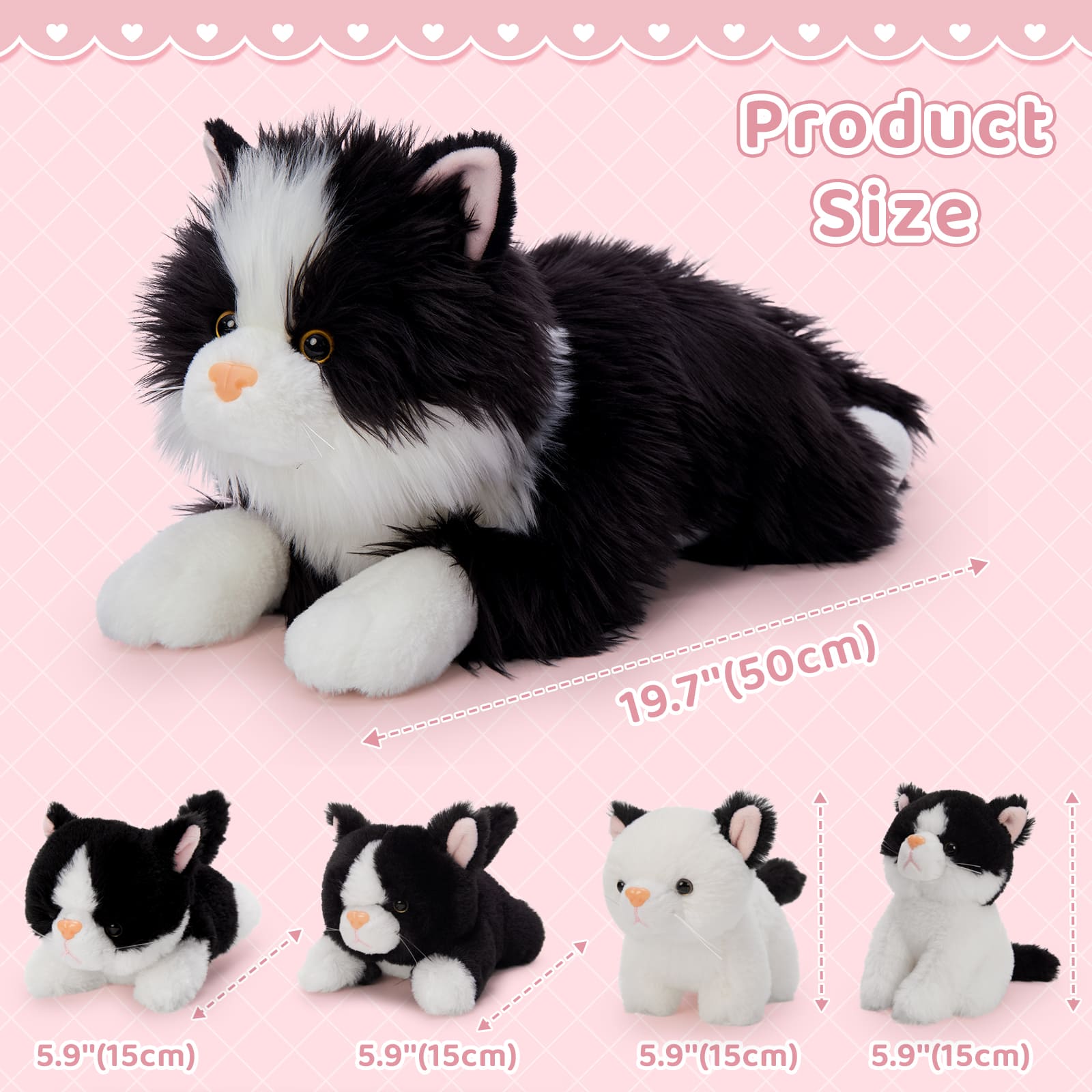 5 Pcs Cat Stuffed Animals Set, 20 inch Large Realistic Stuffed Cat with 4 Cute Kittens Baby, Soft Black and White Ragdoll Plush Pillow for Boys Girls