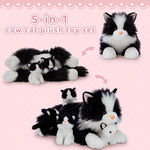 5 Pcs Cat Stuffed Animals Set, 20 inch Large Realistic Stuffed Cat with 4 Cute Kittens Baby, Soft Black and White Ragdoll Plush Pillow for Boys Girls
