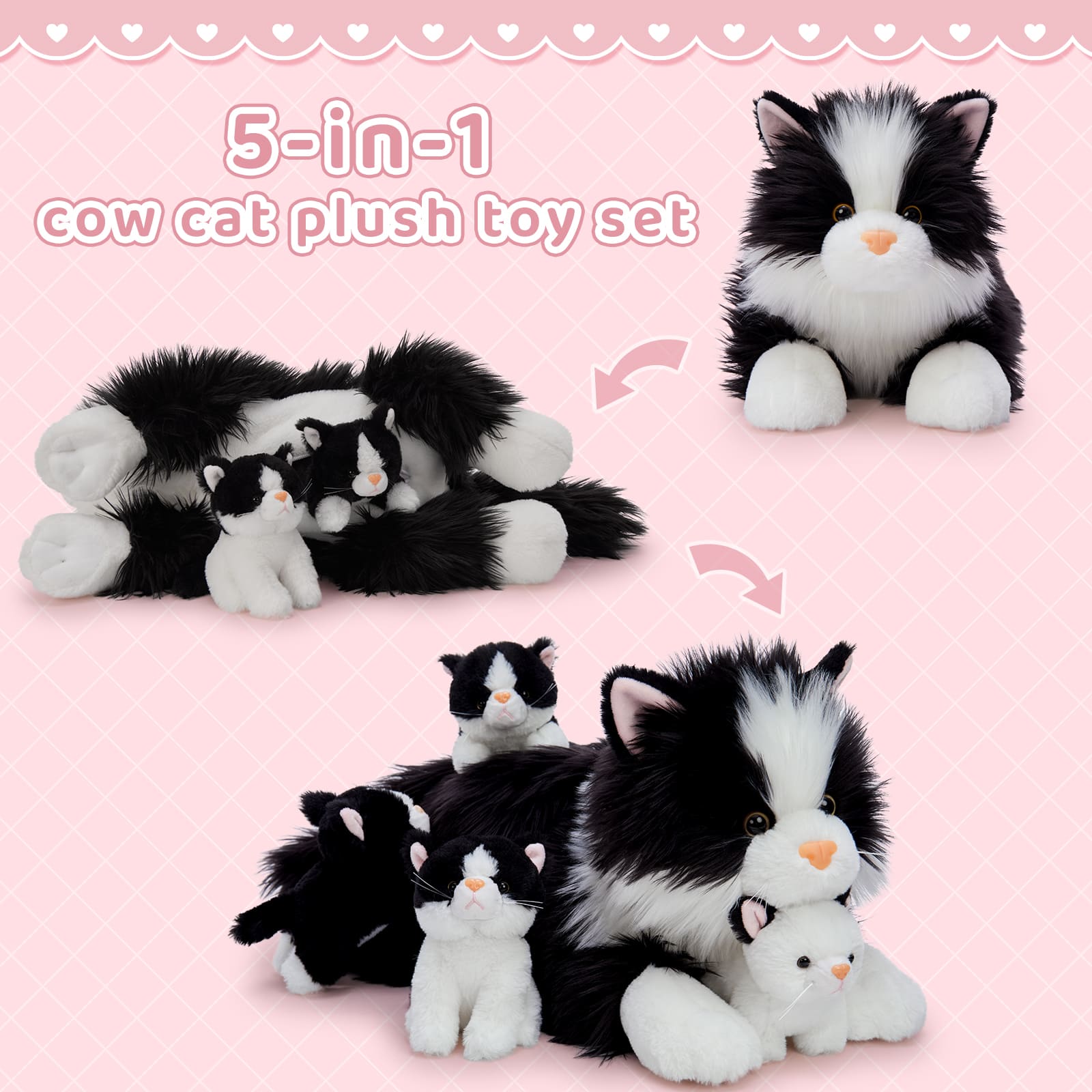 5 Pcs Cat Stuffed Animals Set, 20 inch Large Realistic Stuffed Cat with 4 Cute Kittens Baby, Soft Black and White Ragdoll Plush Pillow for Boys Girls