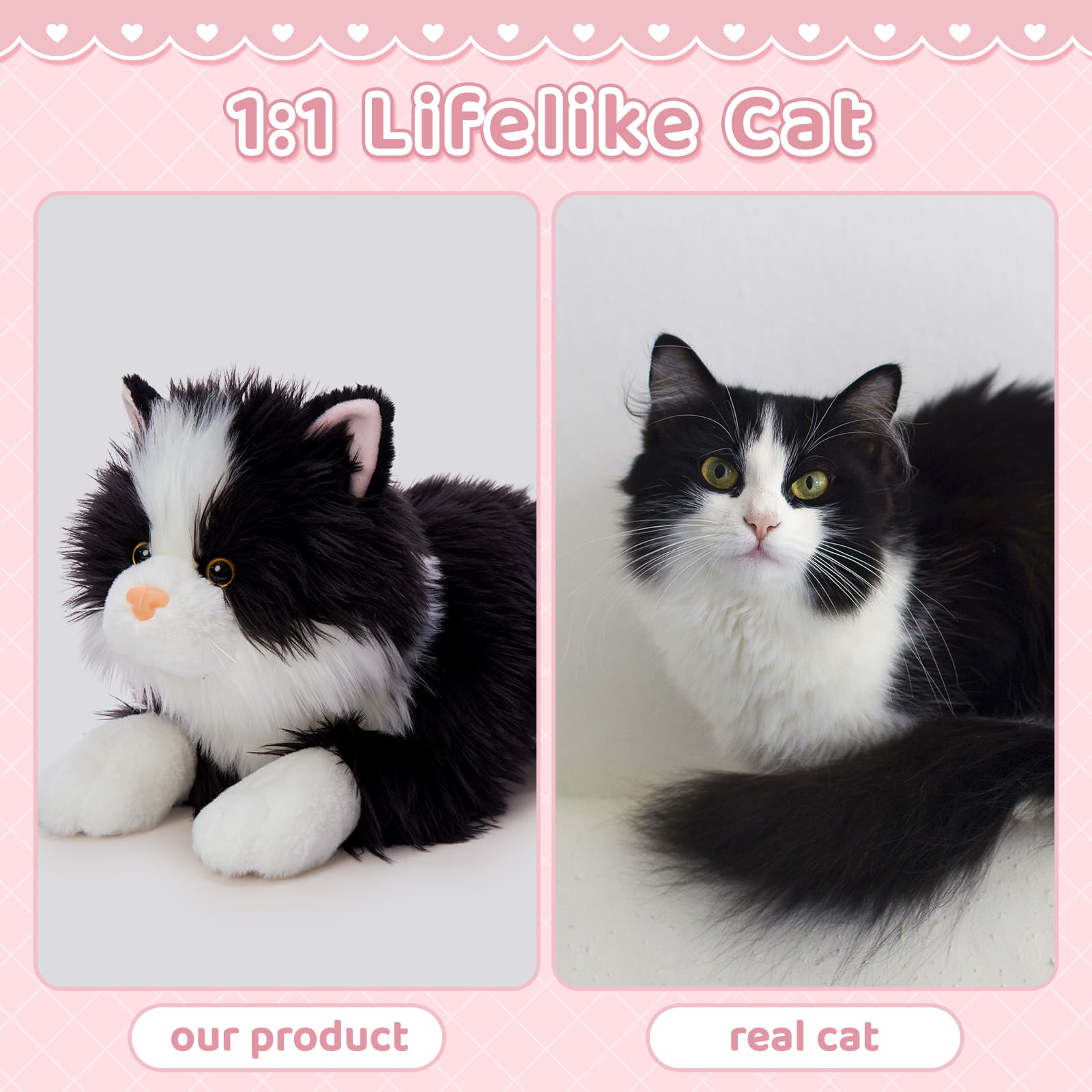 5 Pcs Cat Stuffed Animals Set, 20 inch Large Realistic Stuffed Cat with 4 Cute Kittens Baby, Soft Black and White Ragdoll Plush Pillow for Boys Girls