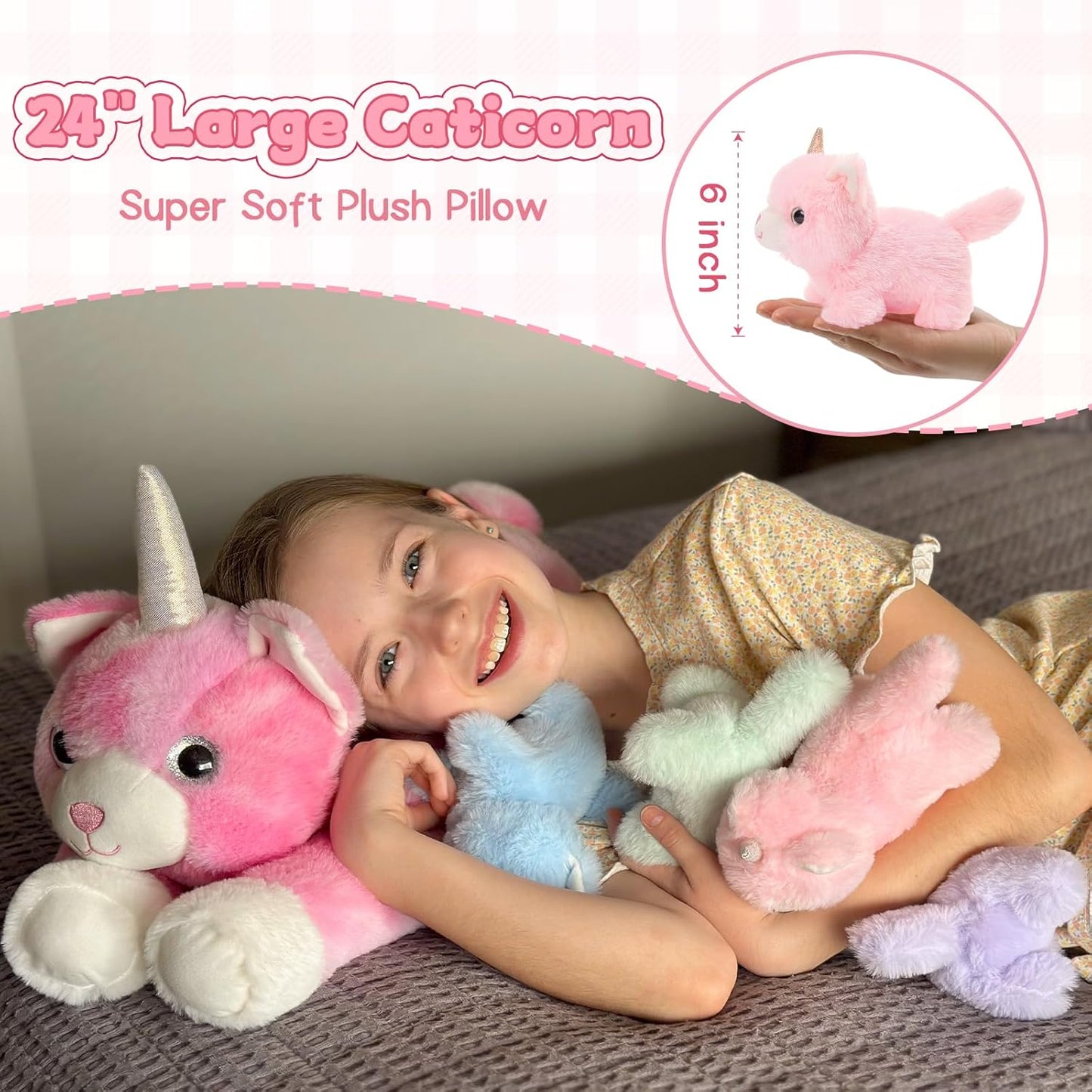 MorisMos Unicorn Cat Plushie - Mommy Cat Unicorn with 4 Baby Kittens - Magical Cat Pink Pillow Plushies for Girls Ages 3-8 - Big Unicorn Stuffed Animals - Ideal Christmas Gift for Girls - Baby Stuffed Animals with Their Mom