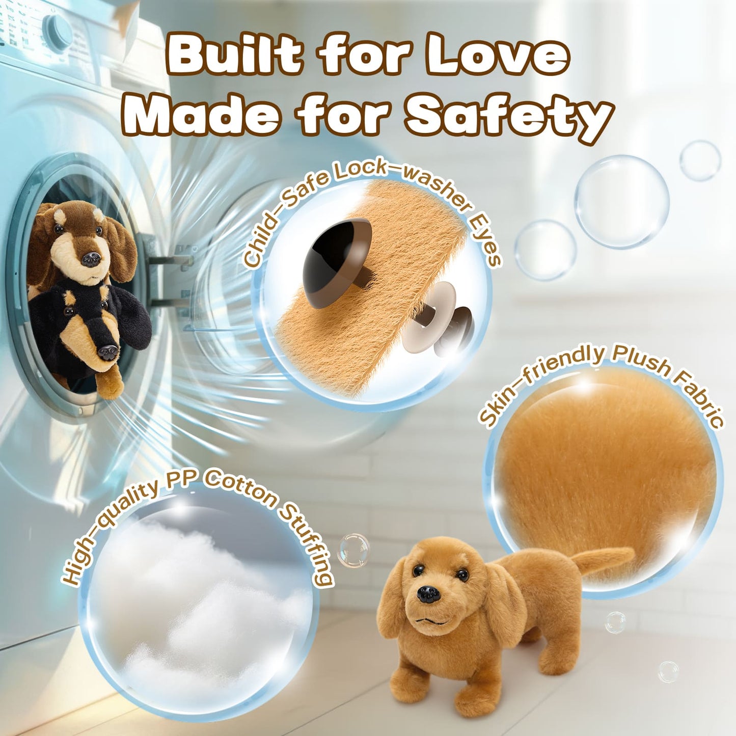Plush dog toy with features highlighted on a light background