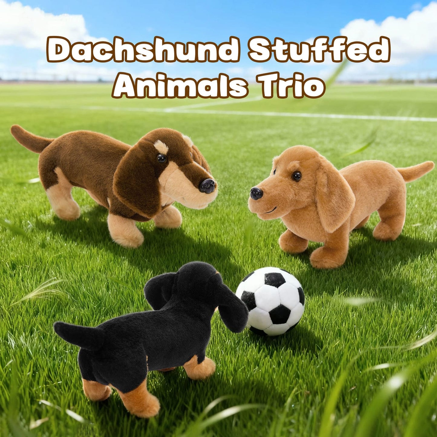 Three Dachshund-shaped stuffed animals playing with a soccer ball on grass.