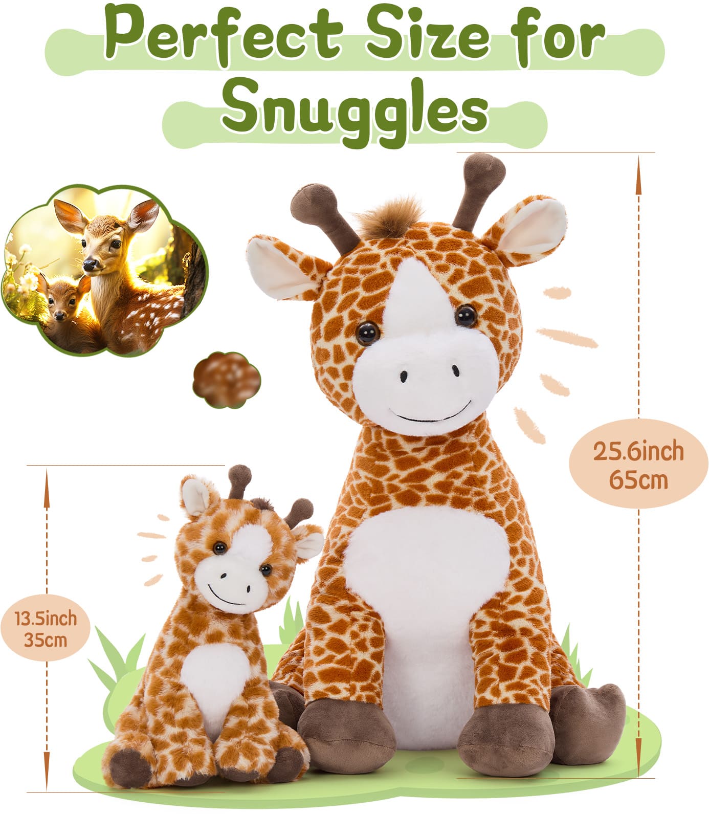 Cute mother and baby giraffe plush set with soft brown and white accents, huggable stuffed animals designed for cuddling, imaginative play, nursery decoration, and special gift occasions.
