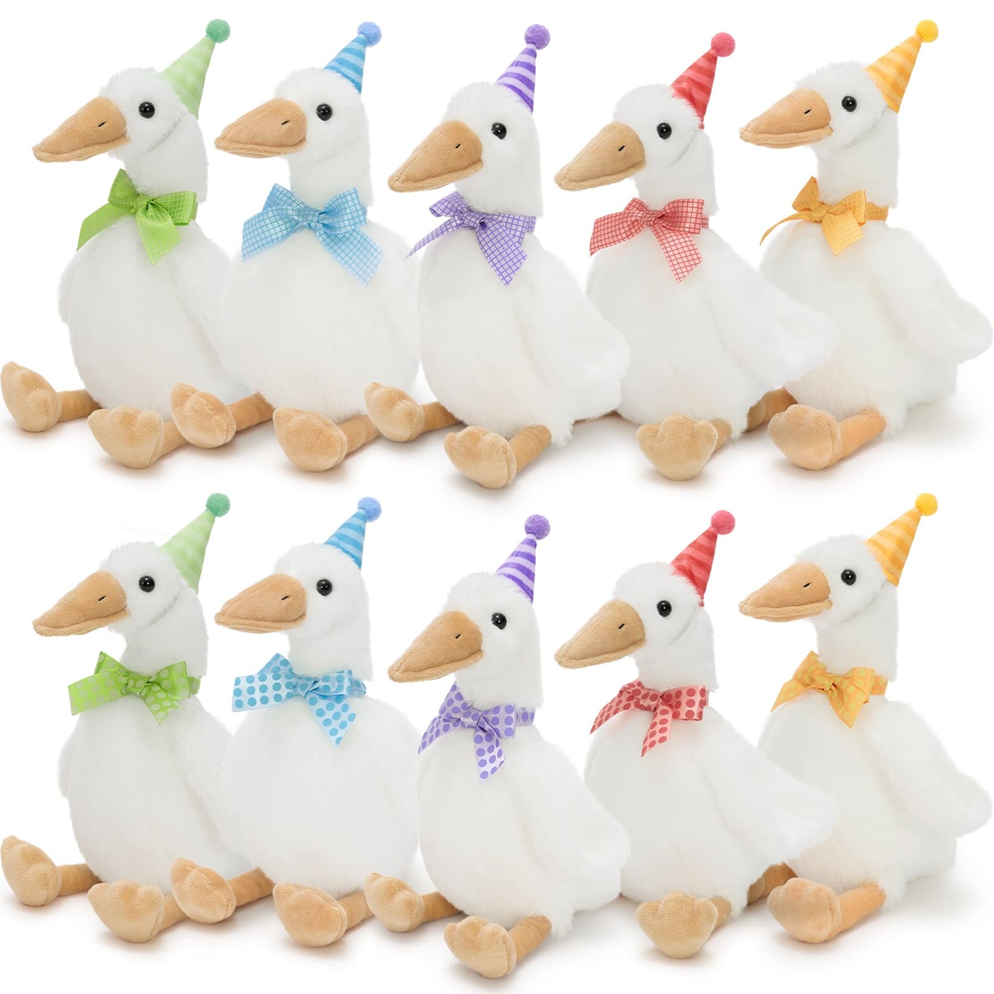 Cute goose plush toy with party hat and colorful bow tie, soft kawaii stuffed animal for kids’ gifts, bedroom decor, and cozy cuddling.