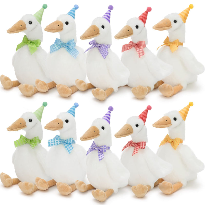 10 Pcs Cute Goose Plush Toy with Party Hat & Bow Tie, 11.8 Inches
