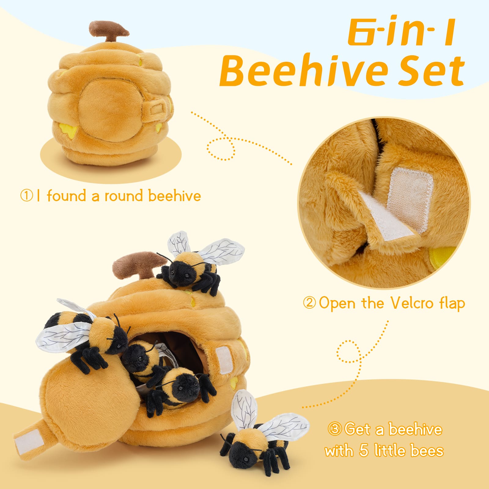 Adorable Honey Hive Plush Toy Set with 5 Baby Bees, 10.2 Inches