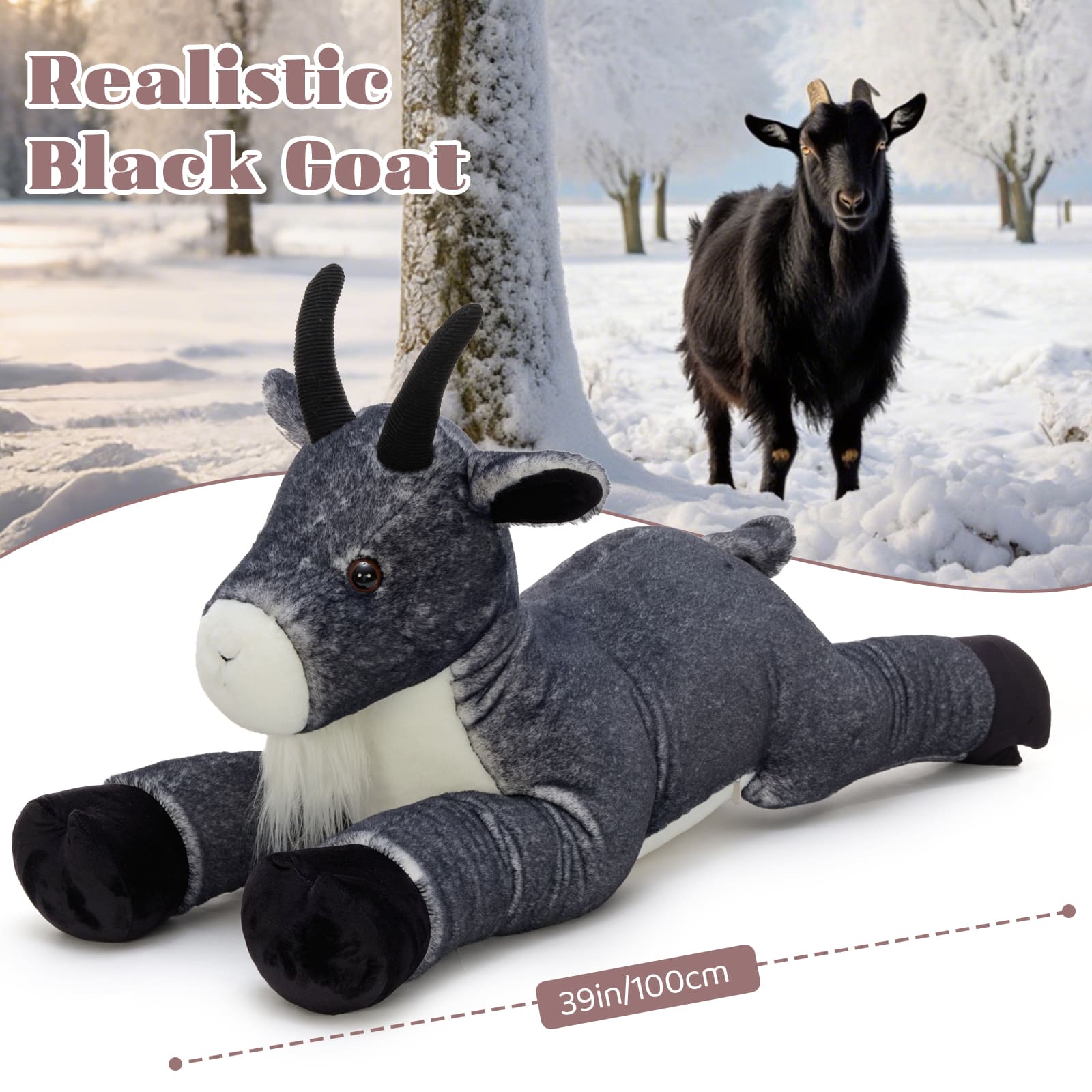 Large Realistic Goat Stuffed Animals Farm Plushies, Black, 39 Inches