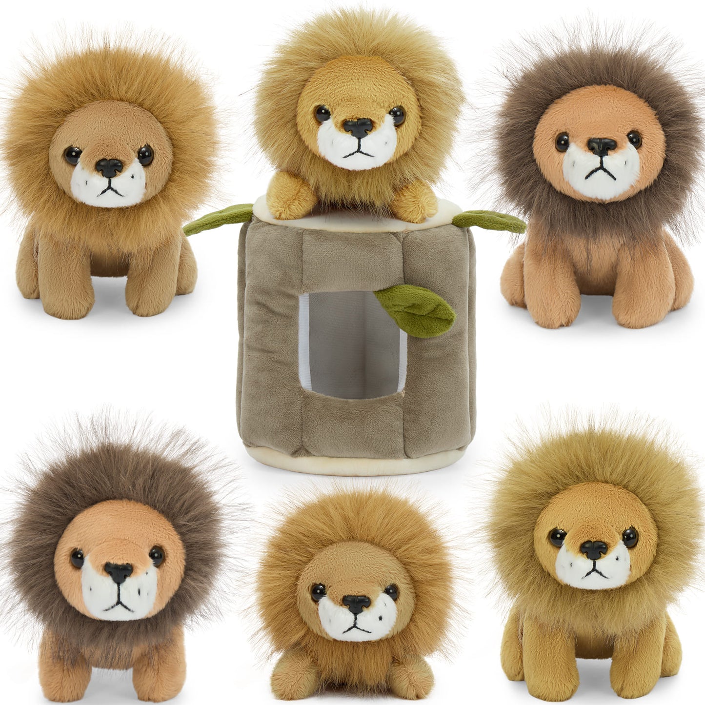 Cute lion plush toy with fluffy mane sitting on soft hideaway cube for kids room decor