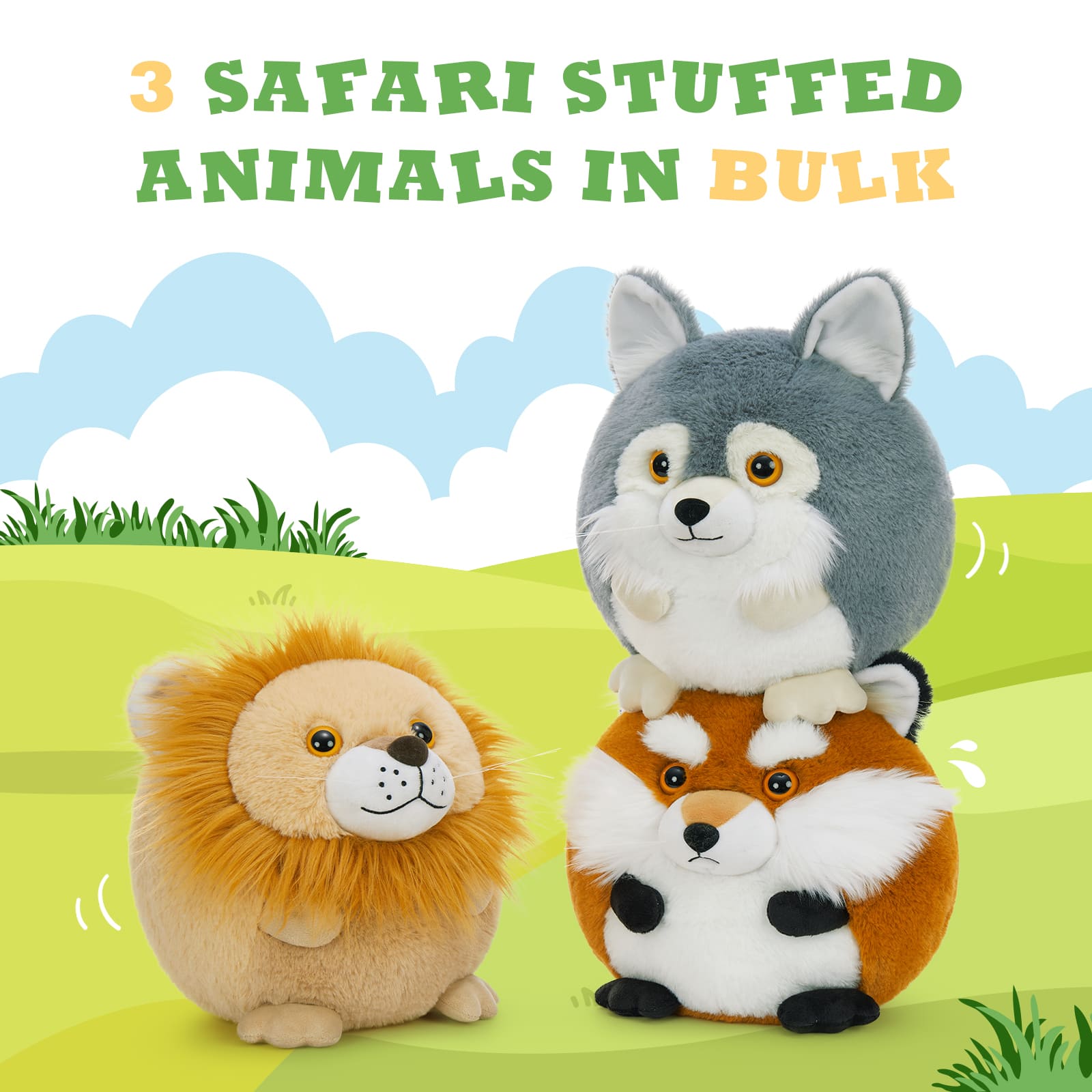 3 Pcs Round Jungle Critters Stuffed Animals, 10.6 Inches