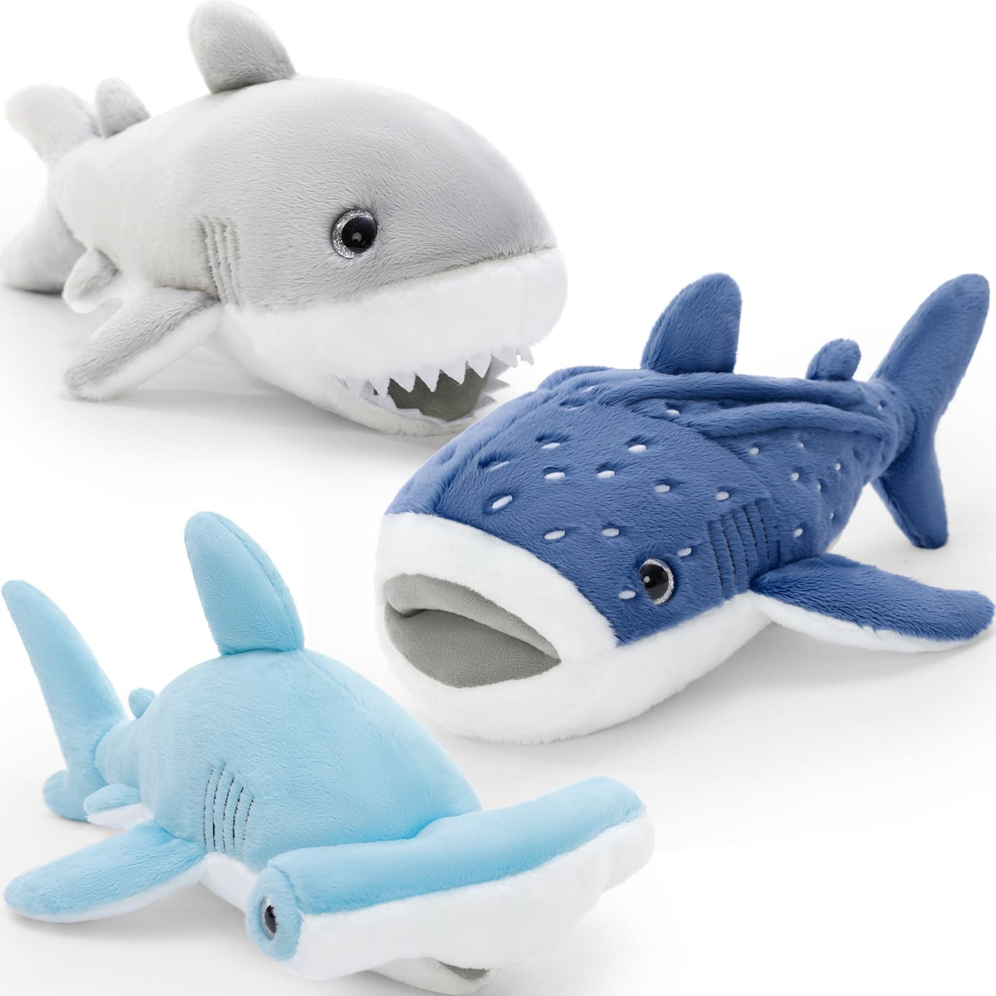 Cute ocean animal plush toy set featuring soft shark plush, blue whale shark stuffed animal, and hammerhead shark plush toys for kids and sea life lovers