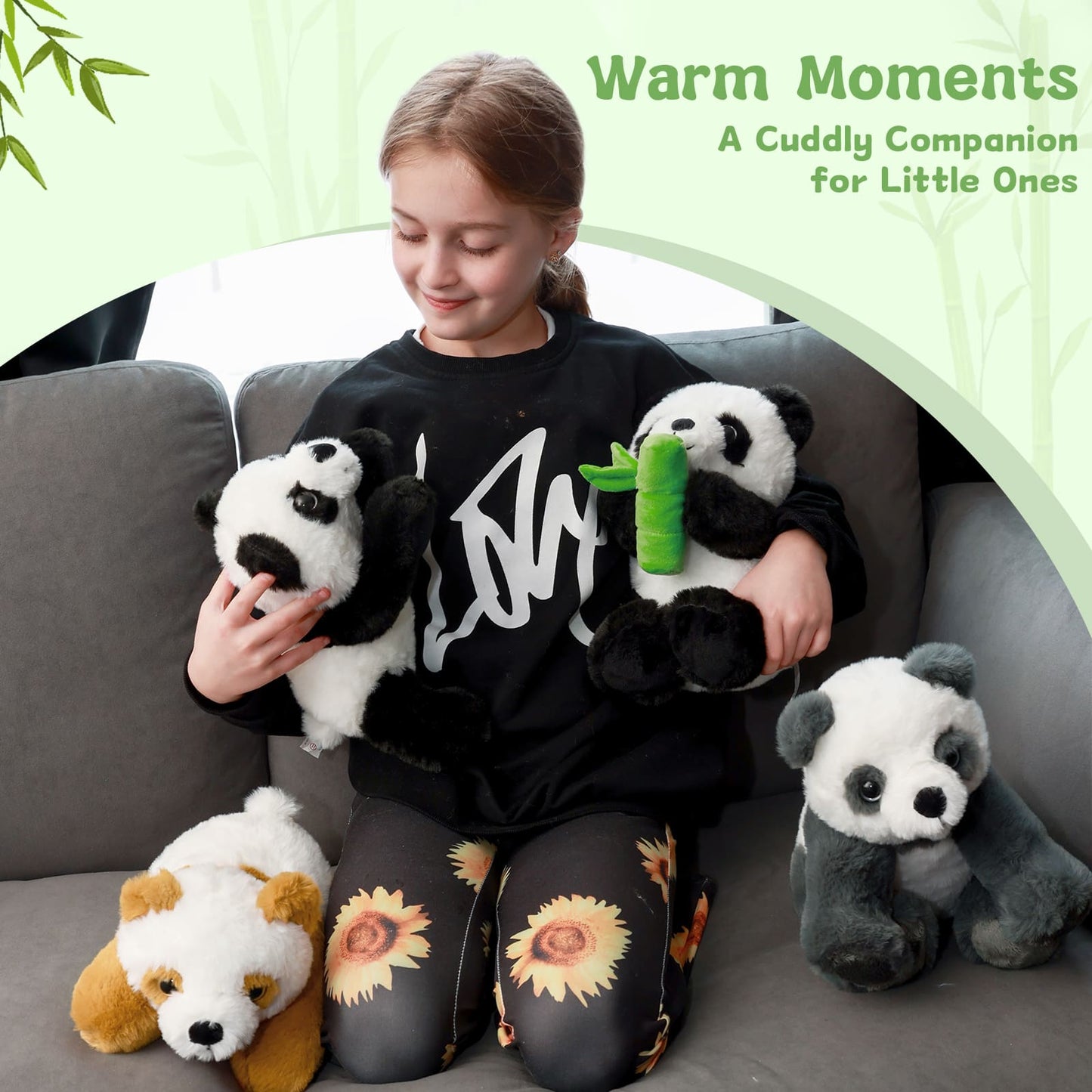 collection of four panda plush toys made with soft durable plush material featuring charming designs suitable for kids gifts holiday presents and nursery or home decoration