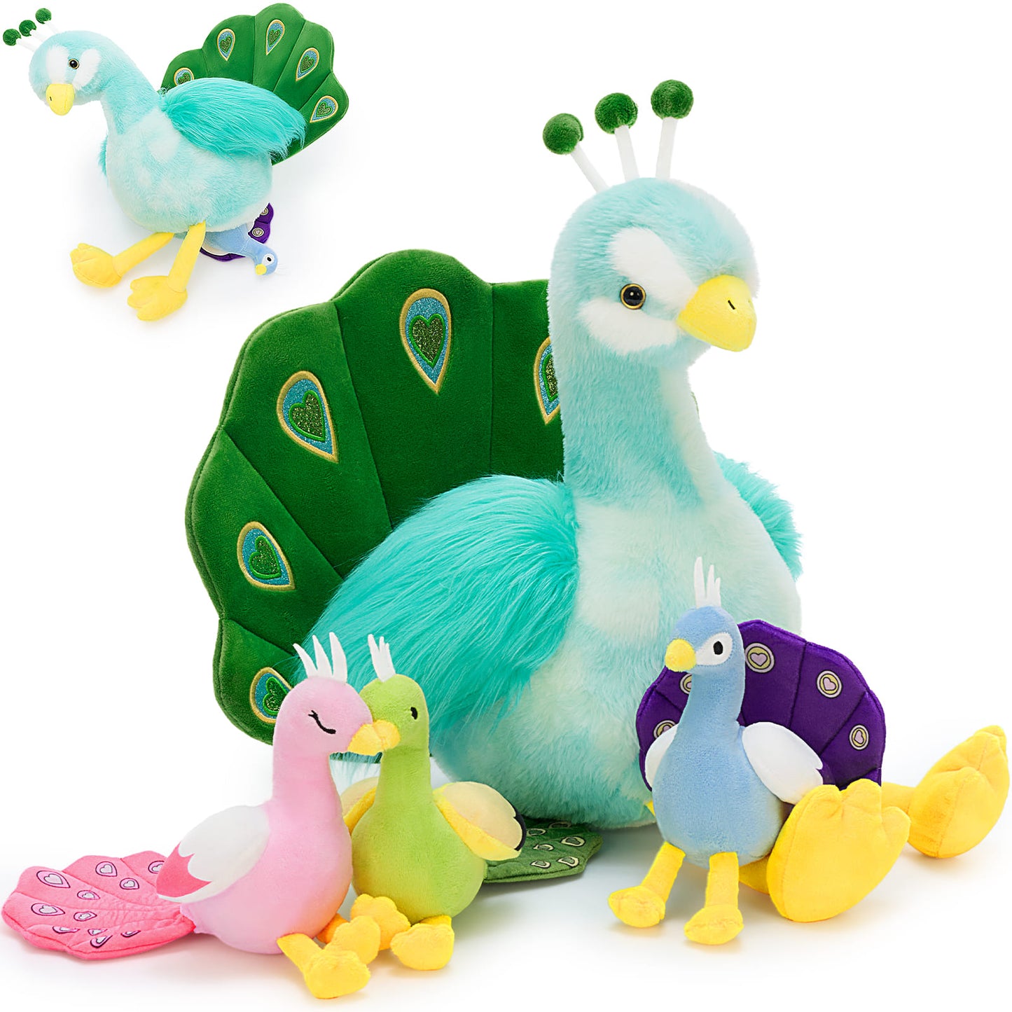 Adorable peacock stuffed animal family featuring a colorful mommy peacock with cute baby peacocks made from ultra soft plush fabric perfect for cuddling nursery decoration and animal lovers of all ages