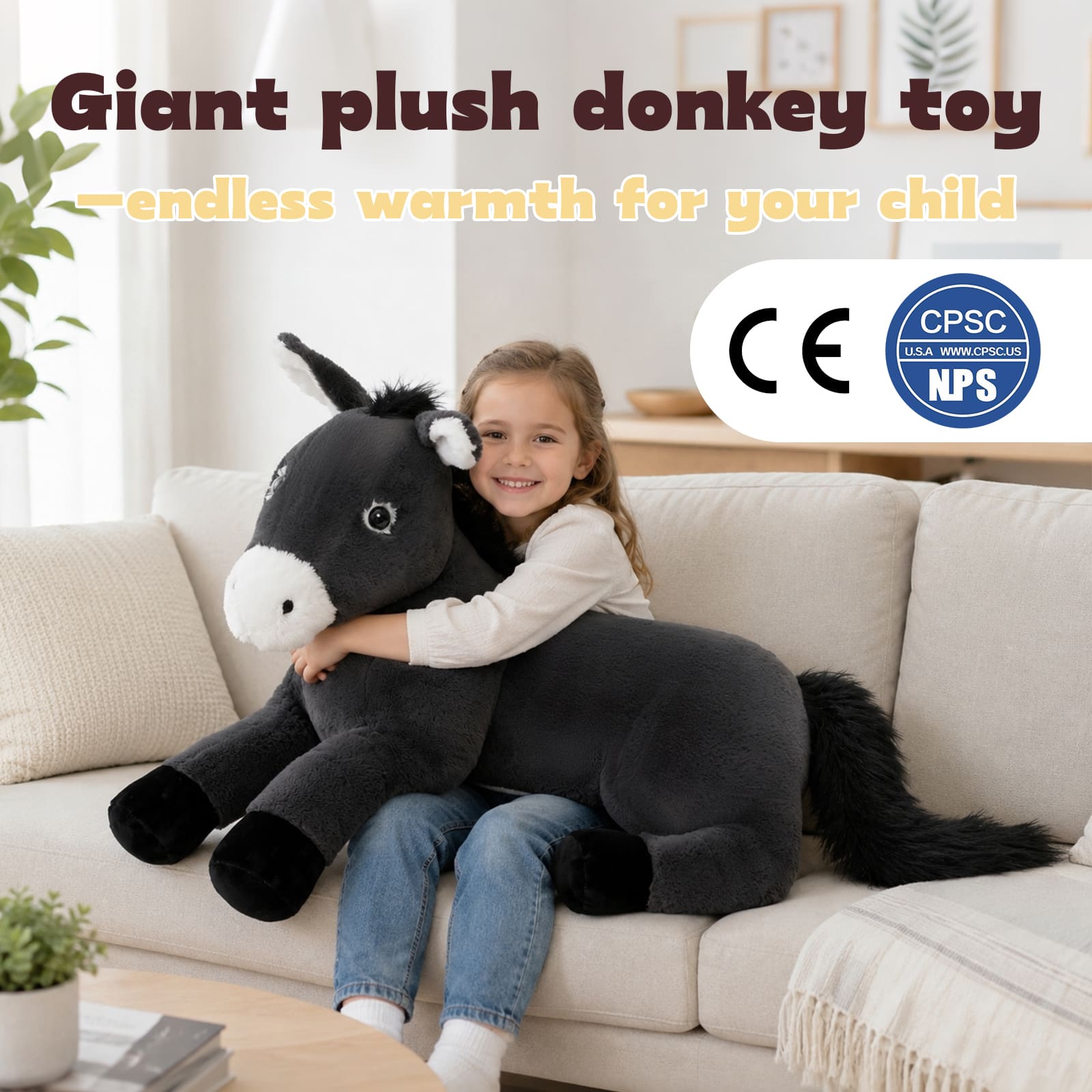 43.3" Giant Plush Donkey Stuffed Animal Large Farm Animal Pillow Toy