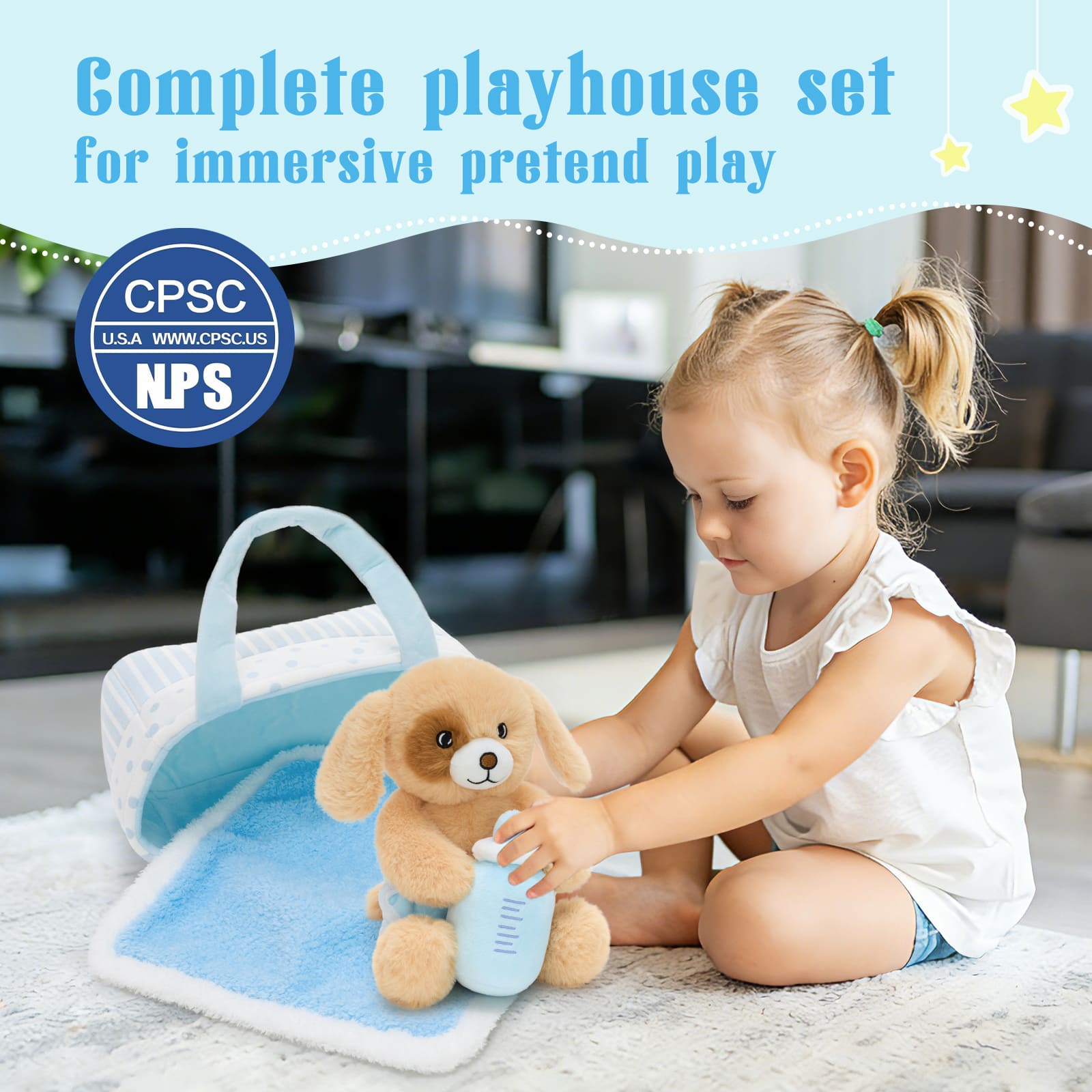 Cute Plush Puppy Baby Gift Set with Basket, Blanket & Bottle