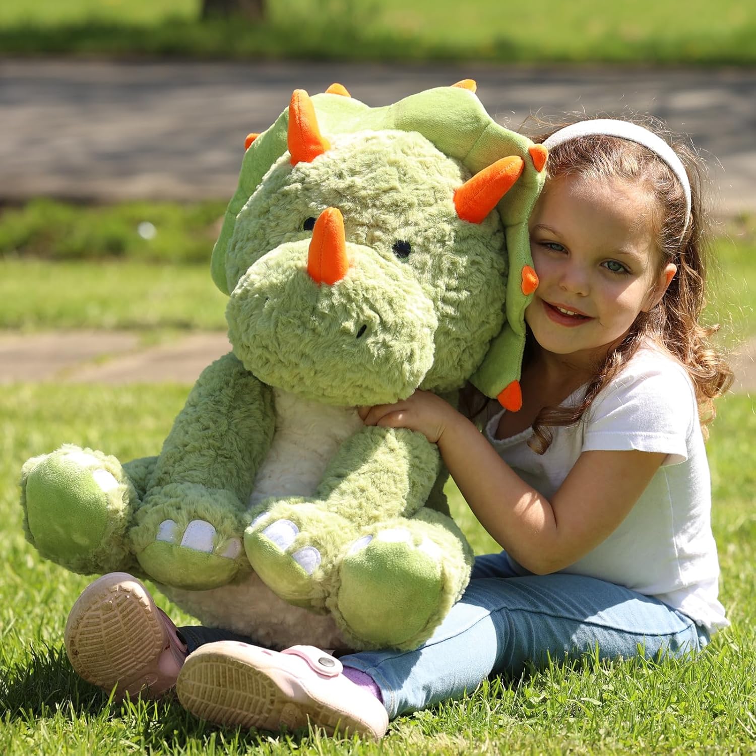 Triceratops Plush Toy Dino Stuffed Animals, Green/Pink, 23.6 Inches