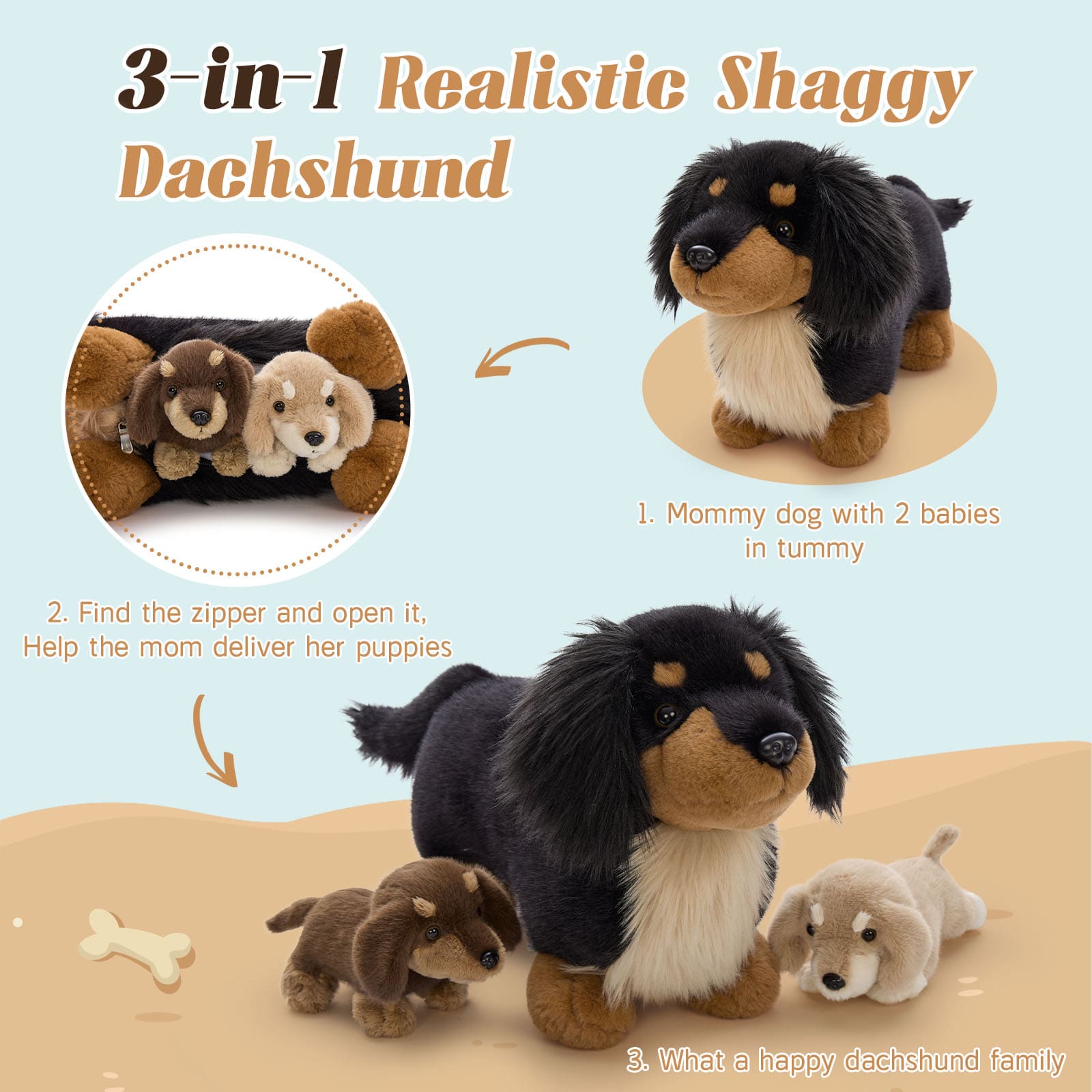 MorisMos 20'' Large Sausage Dog Stuffed Animal Mommy with Baby Puppy Toys for Kids, 3Pcs Realistic Long Hair Sausage Toys for Girl Boy Birthday Christmas