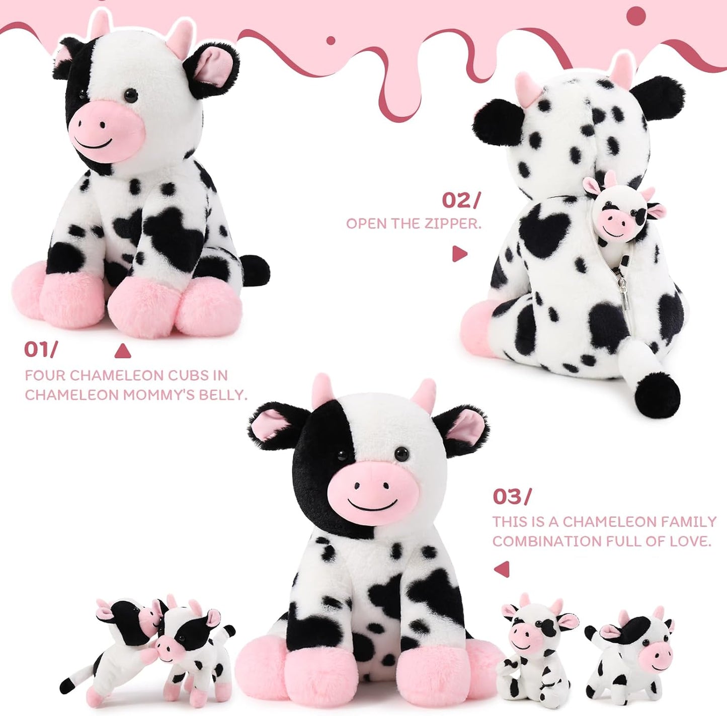 Dairy Cattle Plush Toys 14.6 Inches - MorisMos Stuffed Animals - Stuffed Animal Babies with Their Mom - Stuffed Animals with Babies in the Belly - Cow Cartoon Plush Dolls - Christmas/Birthday Gift for Children 3 Years +
