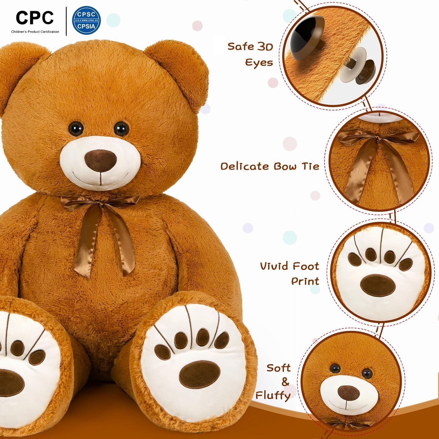 Teddy Bear Plush Toy, Light Brown/Brown/Pink/Beige, 35.4/48.82/59 Inches