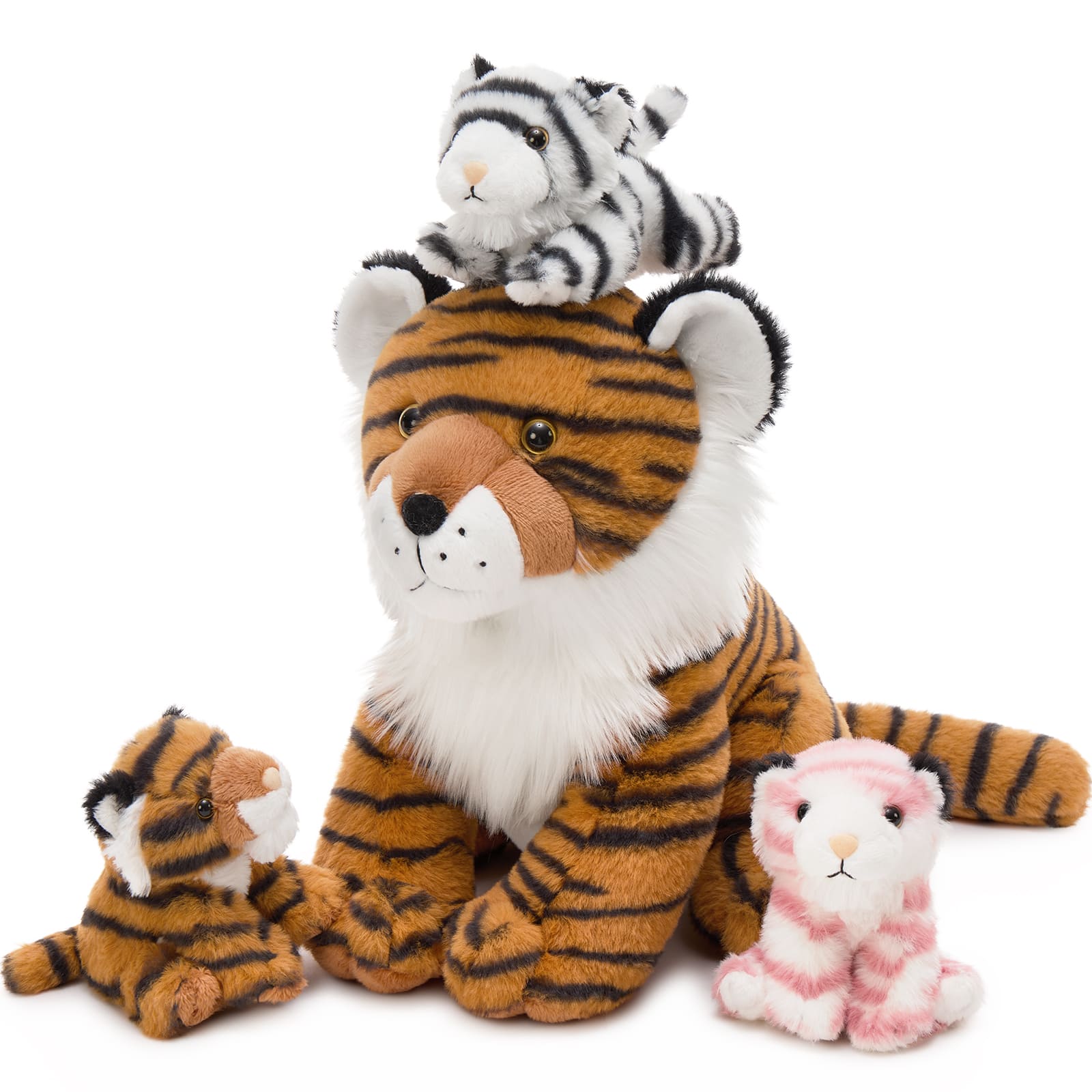 Tiger Family Plush Toy Set 13" Stuffed Tiger With Three 4.7" Baby Tigers