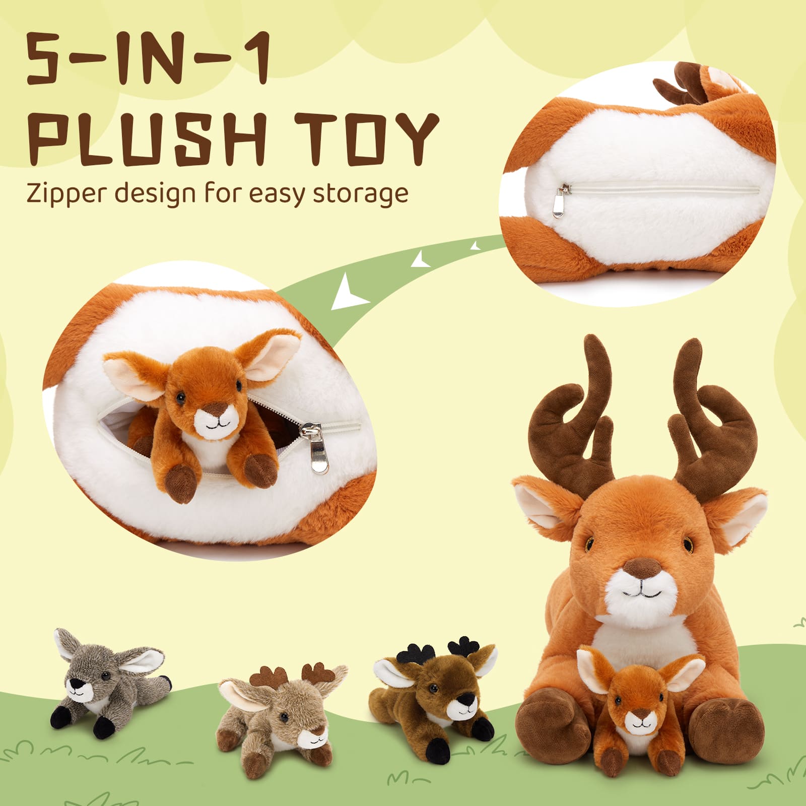 Reindeer Stuffed Animals with Babies in the Belly - Lifelike Big Deer with Four Deer Baby Plush toys - Christmas/Birthday/Easter/Thanksgiving Gift Ideas - Stuffed Animals Near Me