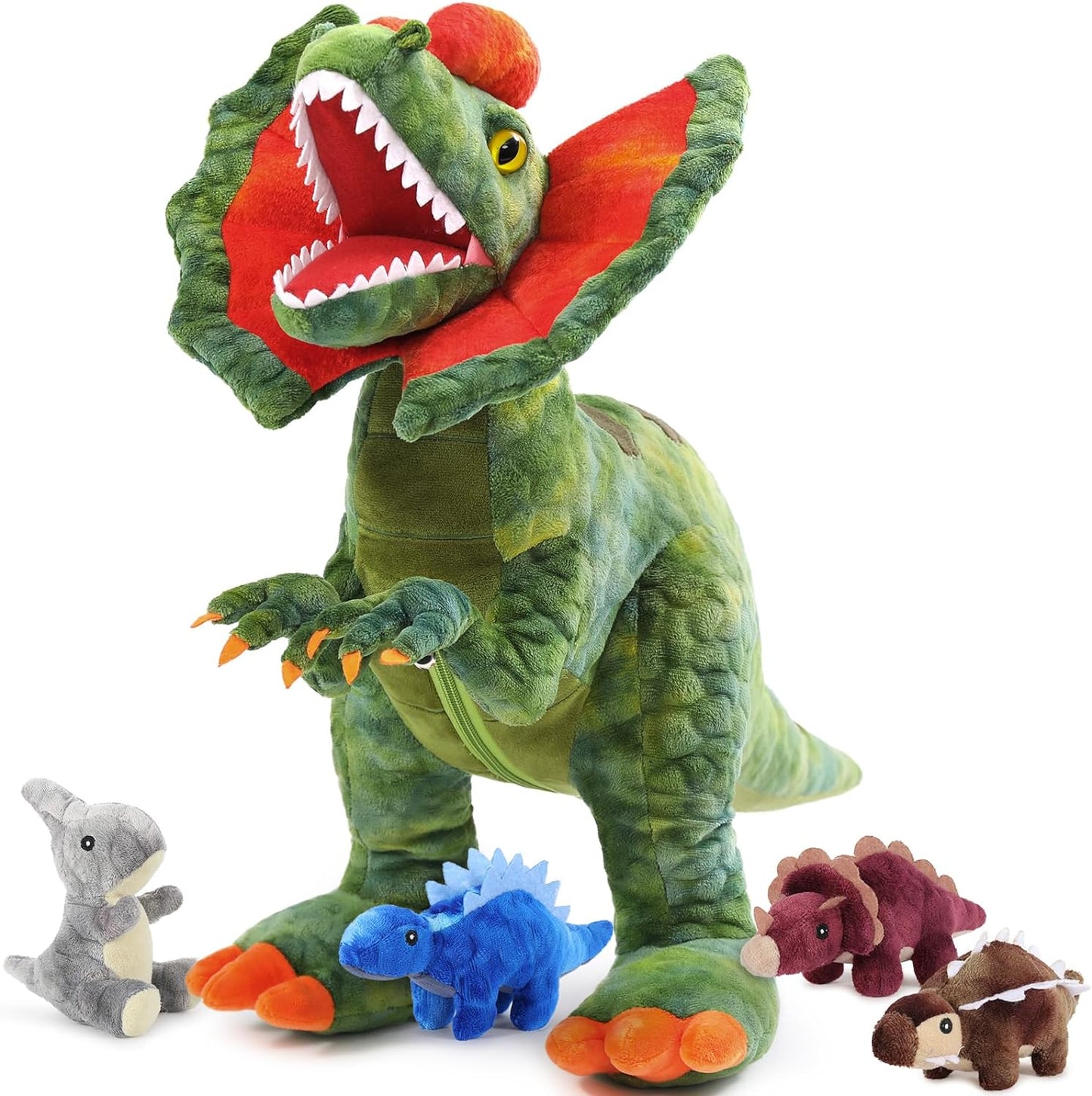 MorisMos Dinosaur Stuffed Animal with Babies,18'' Giant Mommy Stuffed Dinosaur Plush with 4 Baby Dinosaur Stuffed Toys Inside Belly,Boy Girl Dinosaur Toys for Kids 3-5,5Pcs Dilophosaurus Dinosaur Set
